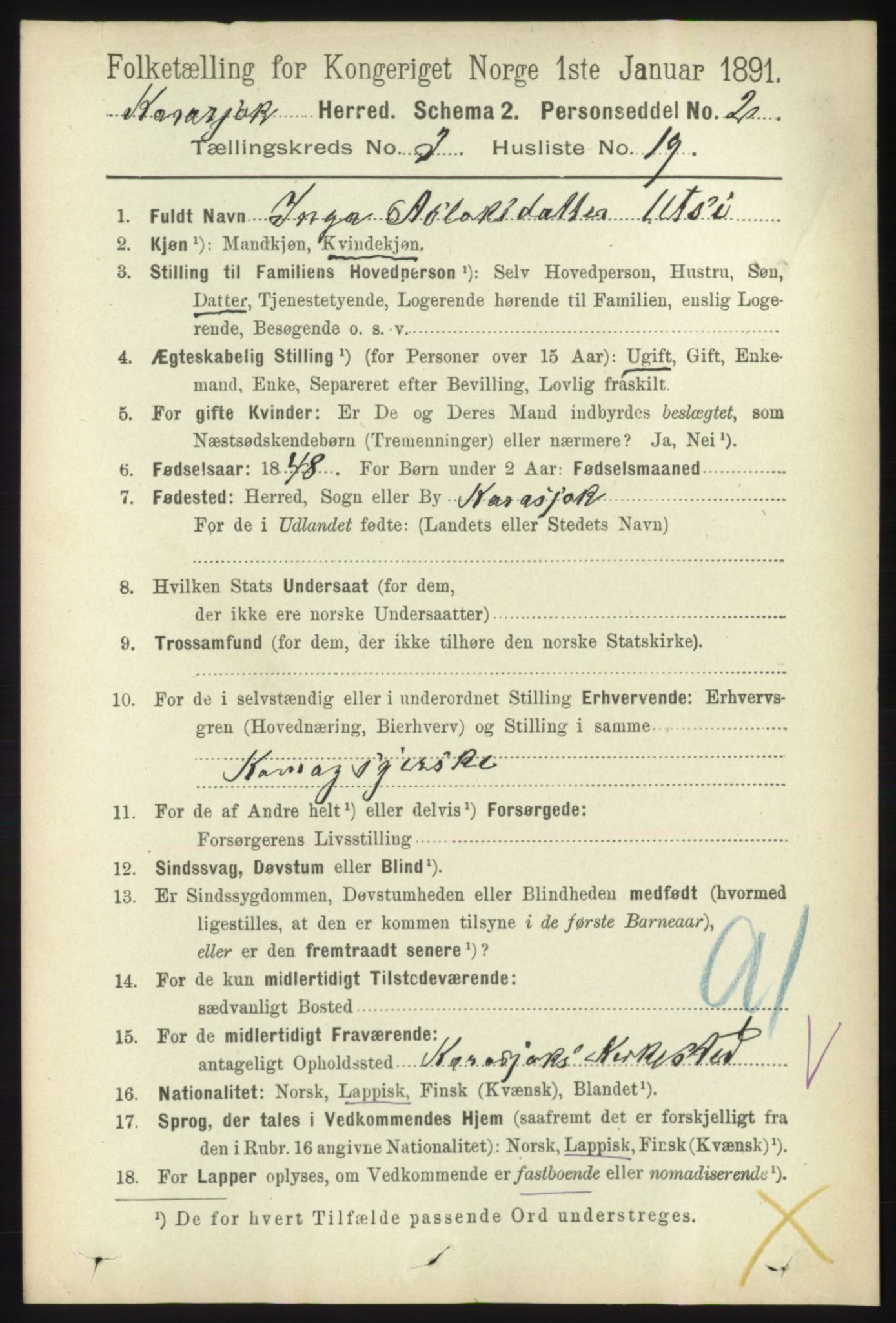 RA, 1891 census for 2021 Karasjok, 1891, p. 663