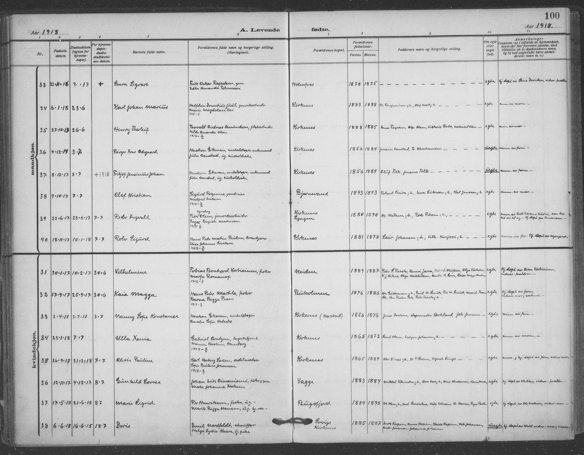 Sør-Varanger sokneprestkontor, AV/SATØ-S-1331/H/Ha/L0005kirke: Parish register (official) no. 5, 1909-1919, p. 100