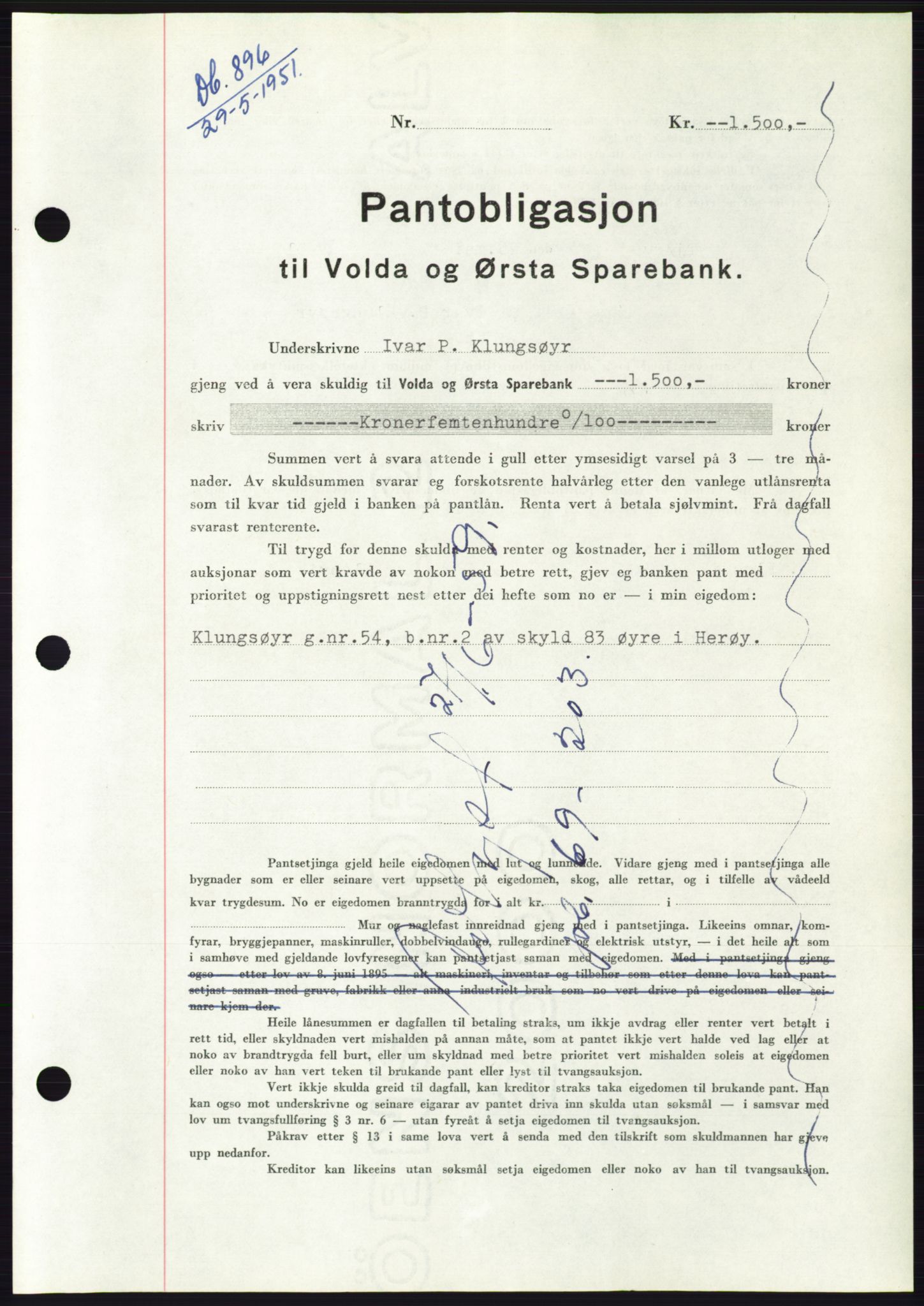 Søre Sunnmøre sorenskriveri, AV/SAT-A-4122/1/2/2C/L0120: Mortgage book no. 8B, 1951-1951, Diary no: : 896/1951