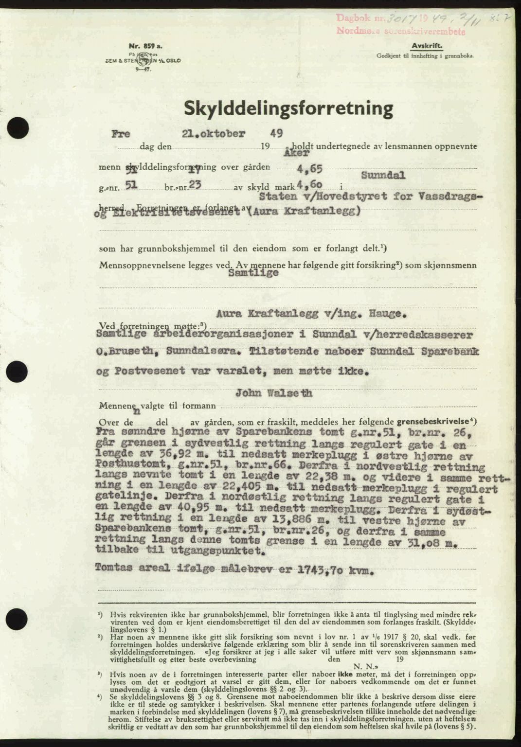 Nordmøre sorenskriveri, AV/SAT-A-4132/1/2/2Ca: Mortgage book no. A112, 1949-1949, Diary no: : 3017/1949