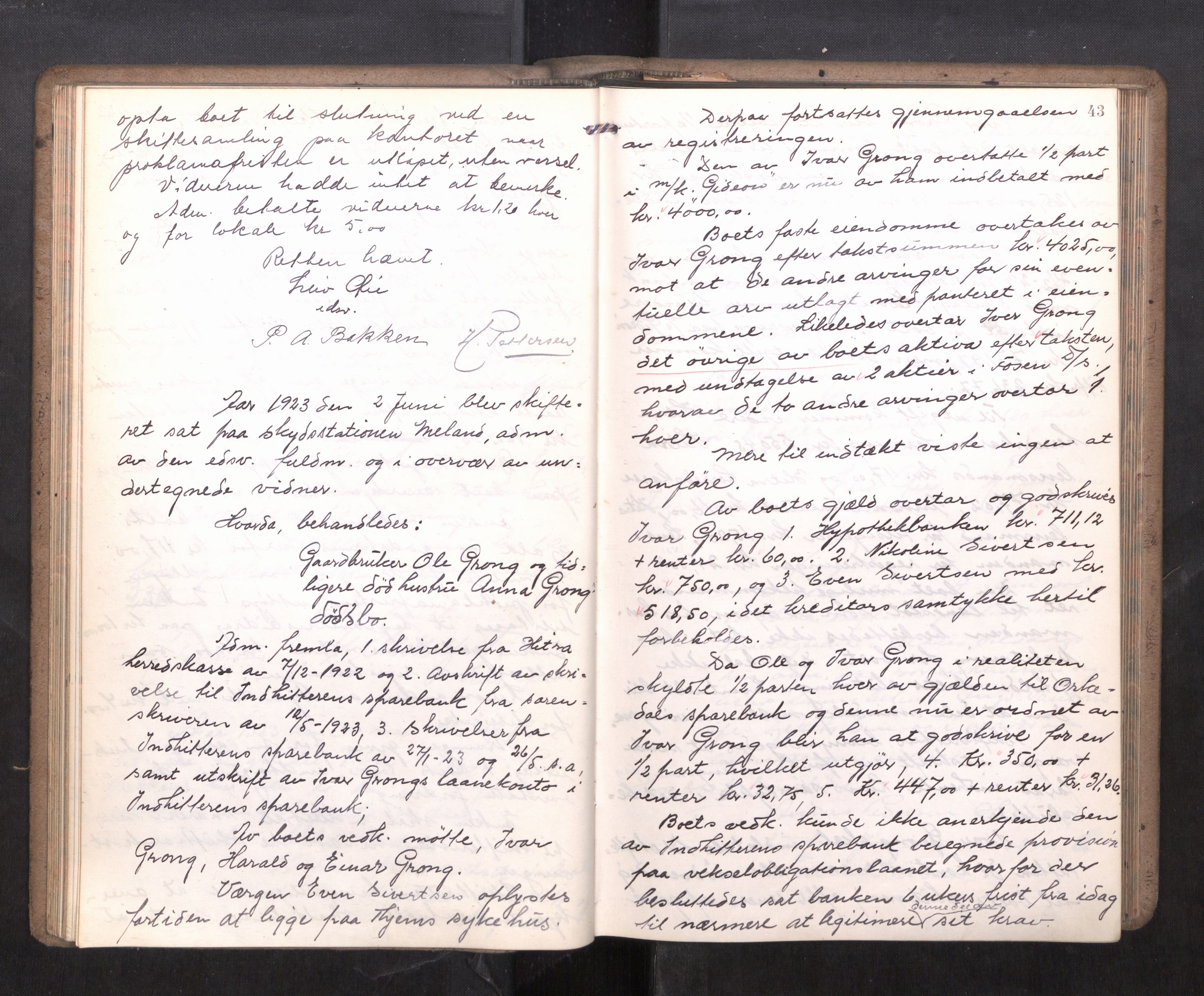 Hitra sorenskriveri, AV/SAT-A-0018/3/3B/L0002: Skifteforhandlingsprotokoll, 1922-1927, p. 42b-43a