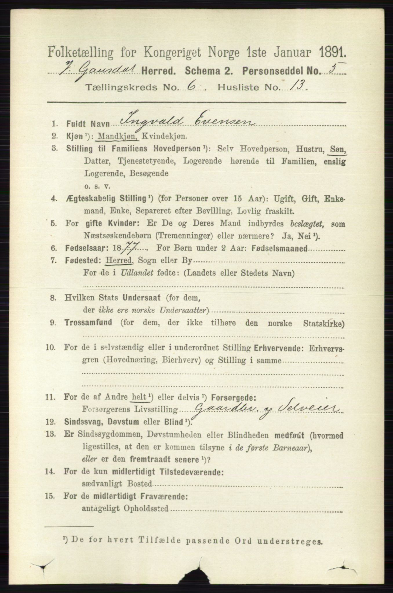 RA, 1891 census for 0523 Vestre Gausdal, 1891, p. 2640