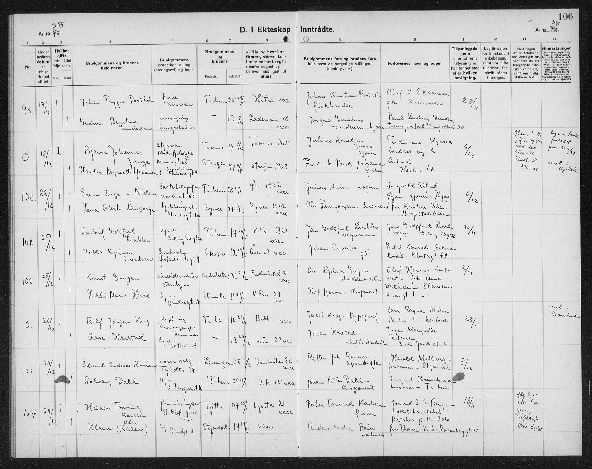 Ministerialprotokoller, klokkerbøker og fødselsregistre - Sør-Trøndelag, SAT/A-1456/602/L0152: Parish register (copy) no. 602C20, 1933-1940, p. 106