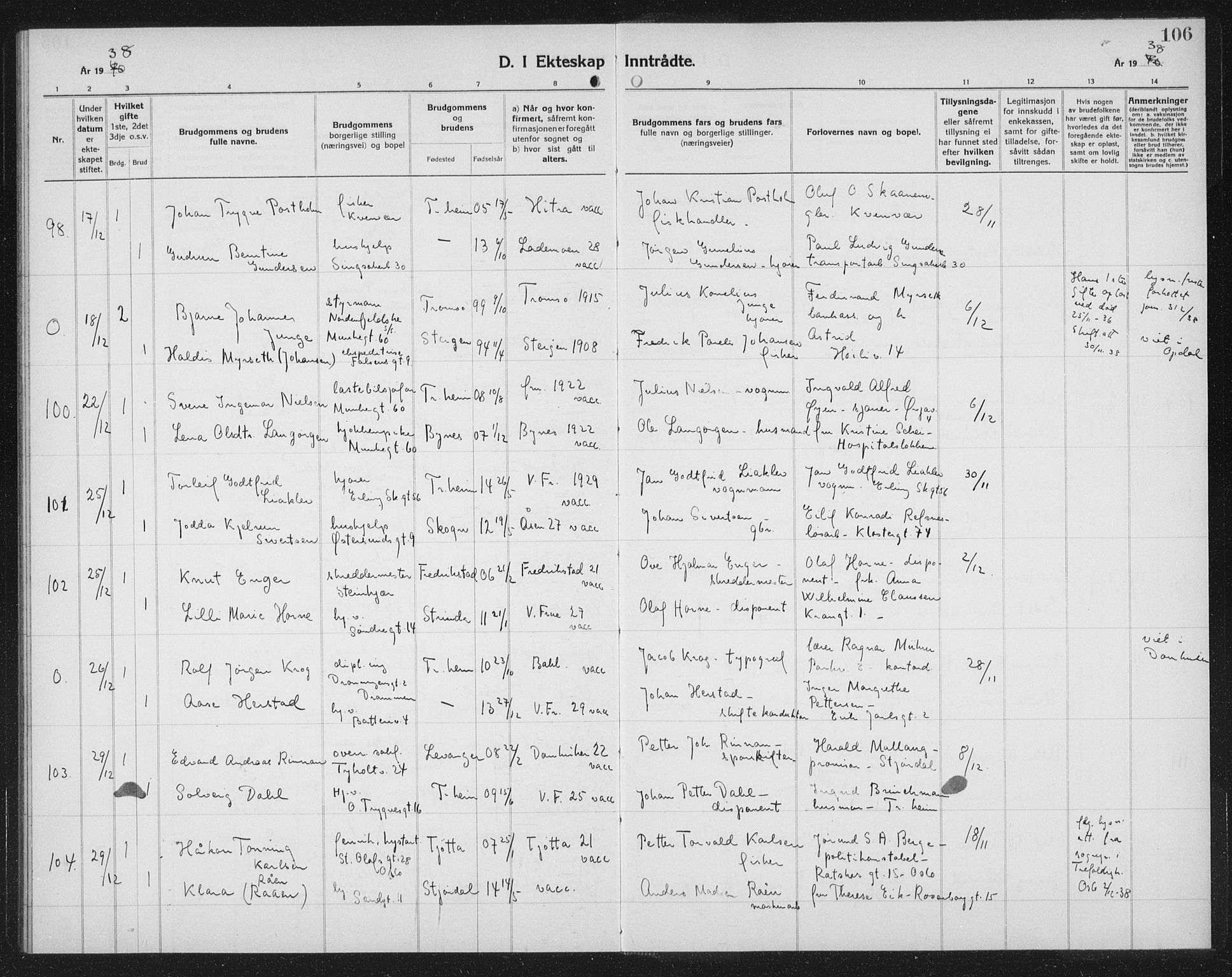 Ministerialprotokoller, klokkerbøker og fødselsregistre - Sør-Trøndelag, AV/SAT-A-1456/602/L0152: Parish register (copy) no. 602C20, 1933-1940, p. 106