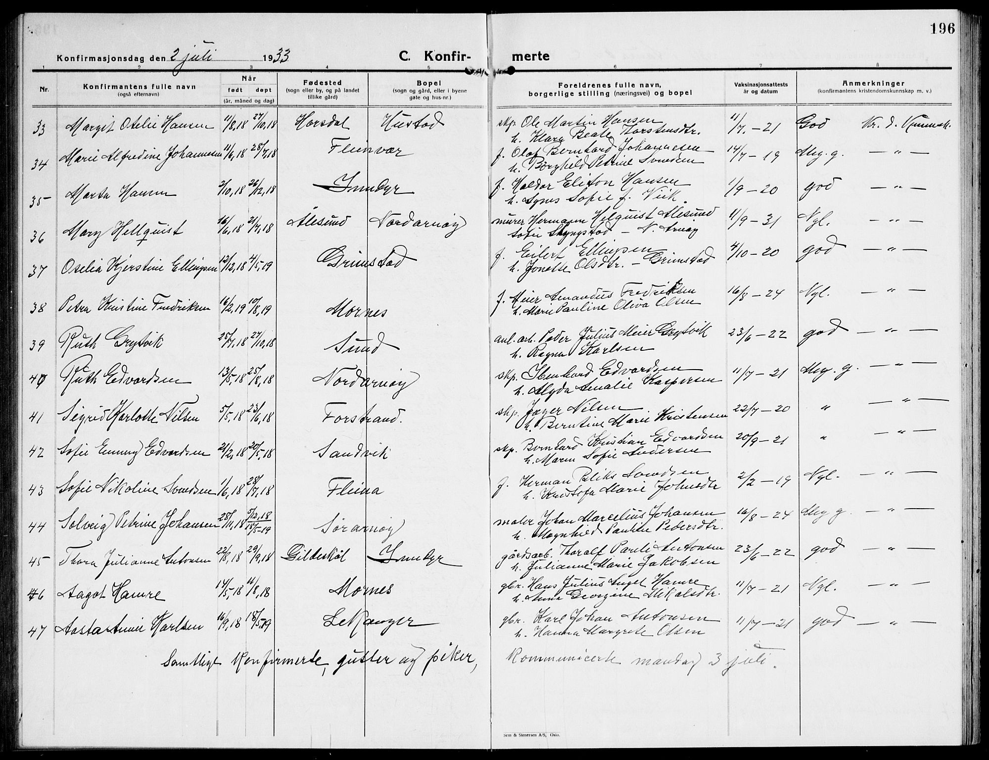 Ministerialprotokoller, klokkerbøker og fødselsregistre - Nordland, AV/SAT-A-1459/805/L0111: Parish register (copy) no. 805C07, 1925-1943, p. 196