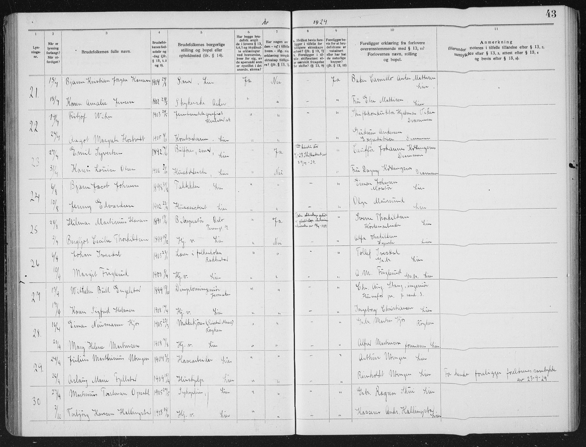 Lier kirkebøker, AV/SAKO-A-230/H/Ha/L0002: Banns register no. 2, 1919-1939, p. 43