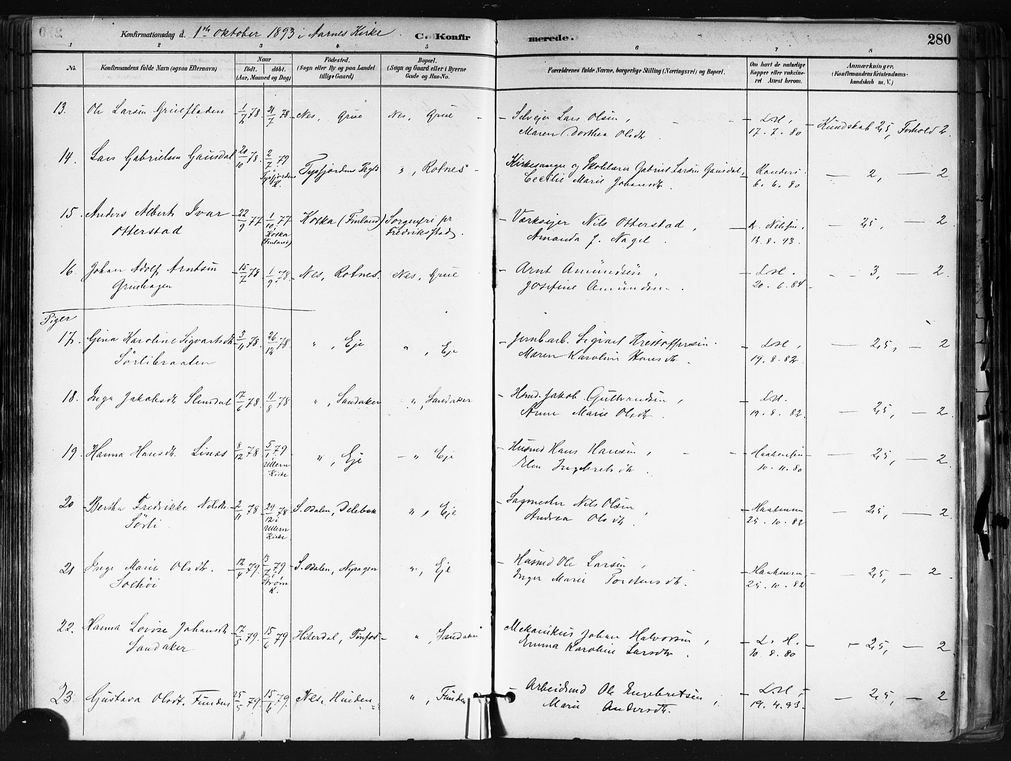 Nes prestekontor Kirkebøker, AV/SAO-A-10410/F/Fa/L0010: Parish register (official) no. I 10, 1883-1898, p. 280