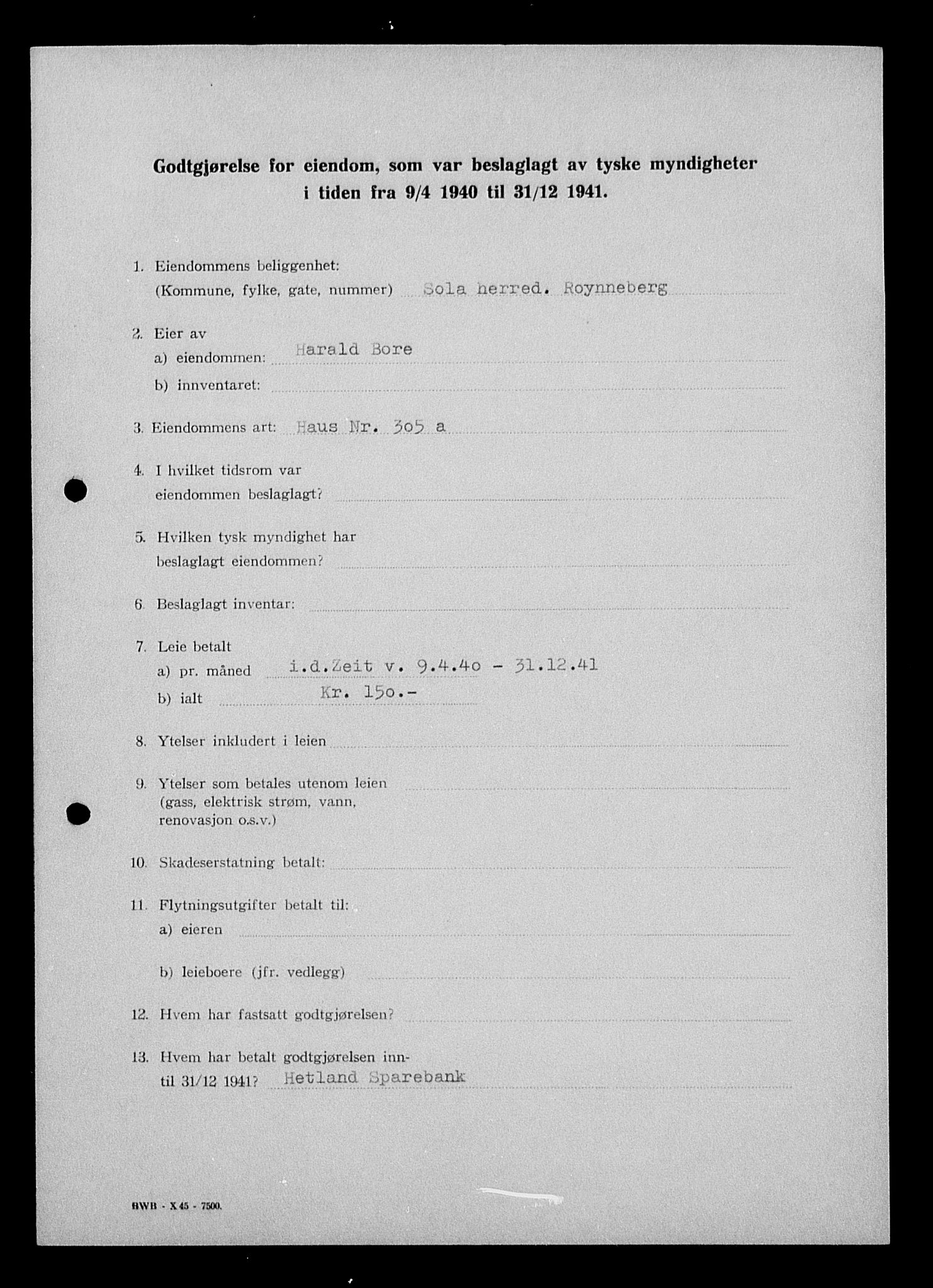 Justisdepartementet, Tilbakeføringskontoret for inndratte formuer, AV/RA-S-1564/I/L1014: Godtgjørelse for beslaglagt eiendom, 1940-1941, p. 193