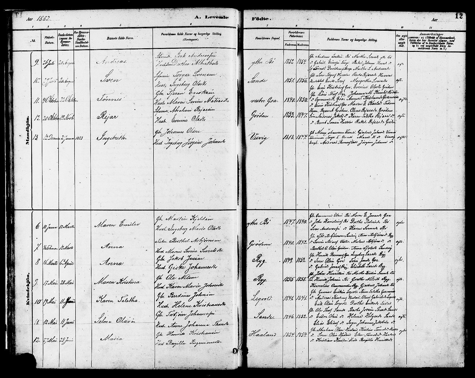 Hetland sokneprestkontor, AV/SAST-A-101826/30/30BB/L0006: Parish register (copy) no. B 6, 1878-1921, p. 12