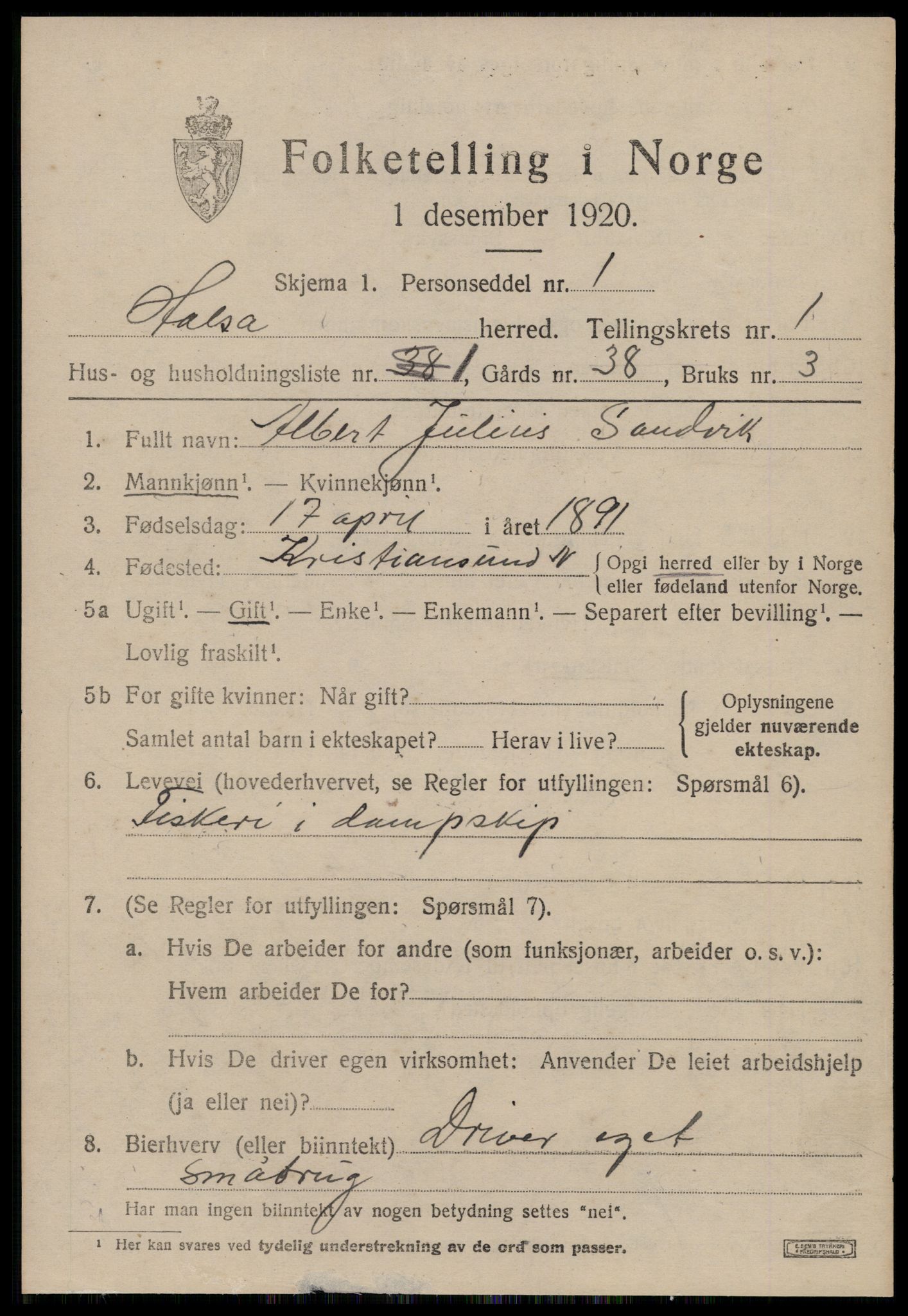 SAT, 1920 census for Halsa, 1920, p. 442