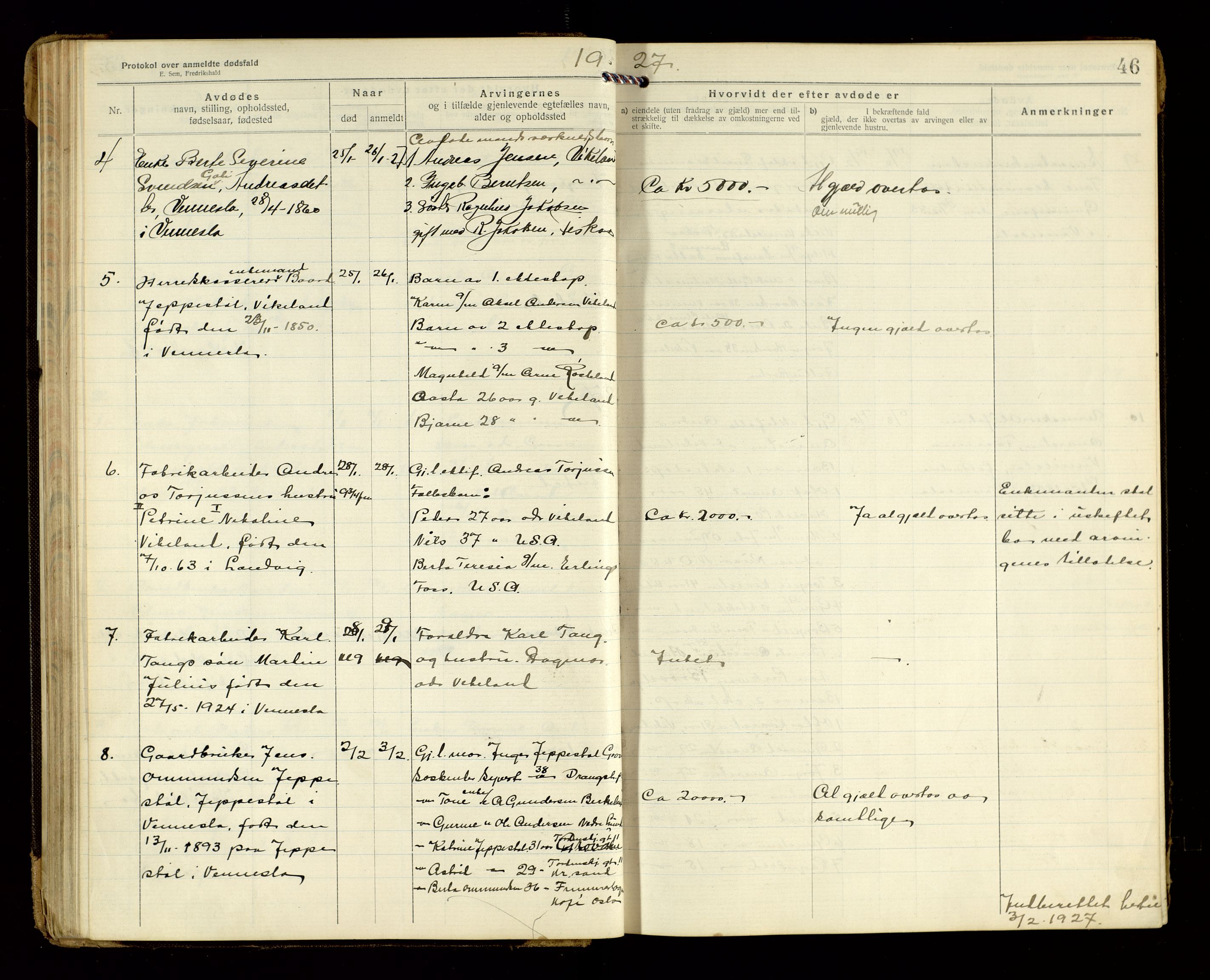 Vennesla og Iveland lensmannskontor, AV/SAK-1241-0050/F/Fe/L0001: Dødsfallsprotokoll nr 7, 1920-1940, p. 46