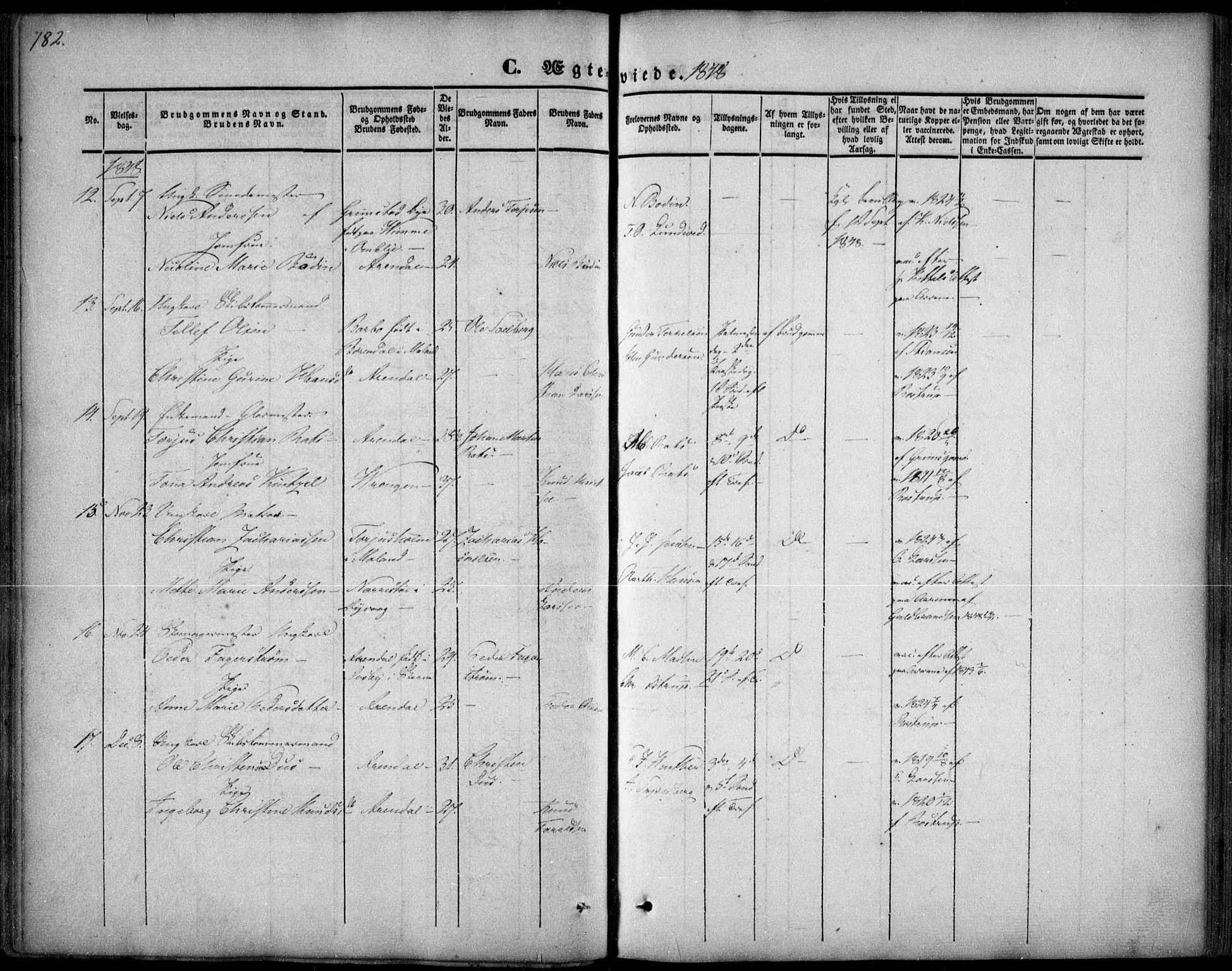 Arendal sokneprestkontor, Trefoldighet, SAK/1111-0040/F/Fa/L0005: Parish register (official) no. A 5, 1838-1854, p. 182