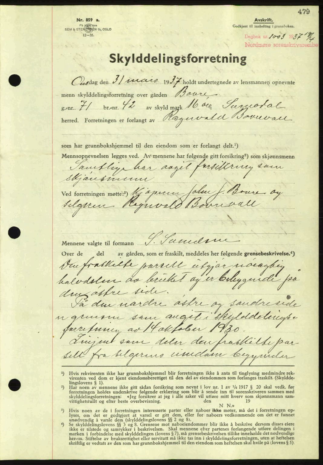 Nordmøre sorenskriveri, AV/SAT-A-4132/1/2/2Ca: Mortgage book no. A81, 1937-1937, Diary no: : 1003/1937