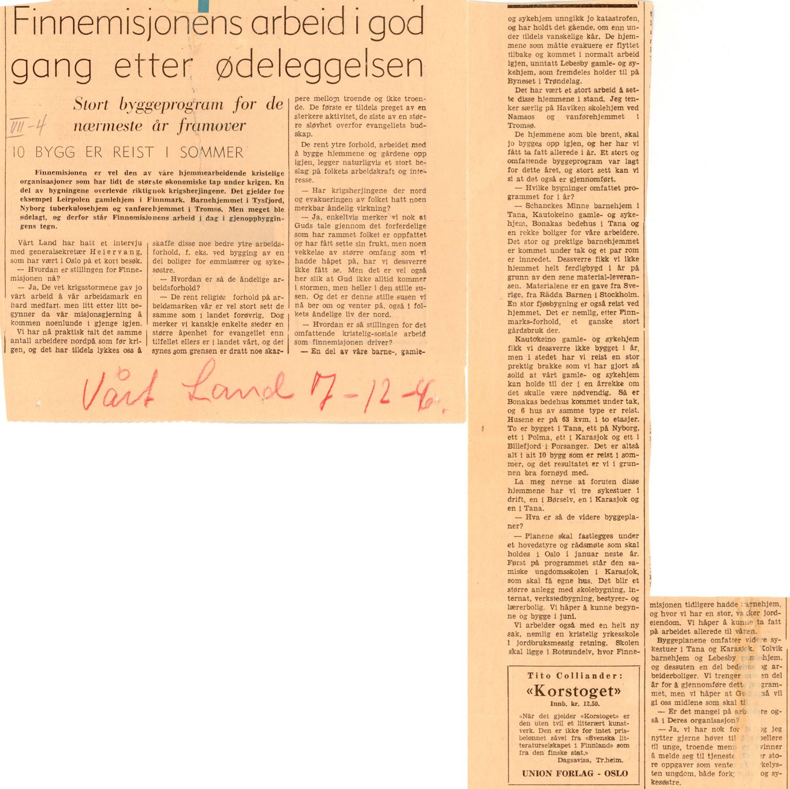 Finnmarkskontorets presse- og opplysningsarkiv , FMFB/A-1198/E/L0012/0004: 7. Gaver, hjelp, religiøs virksomhet / Den indre sjømannsmisjon