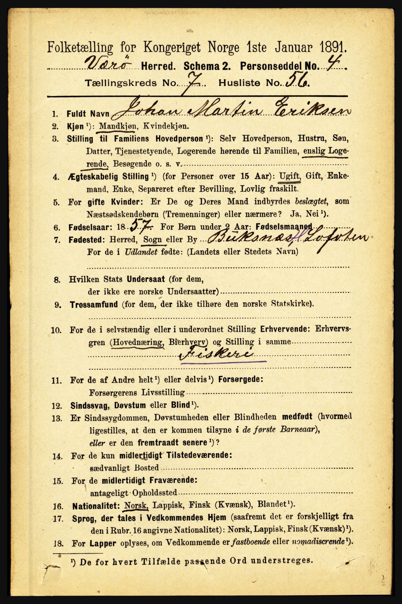 RA, 1891 census for 1857 Værøy, 1891, p. 1110