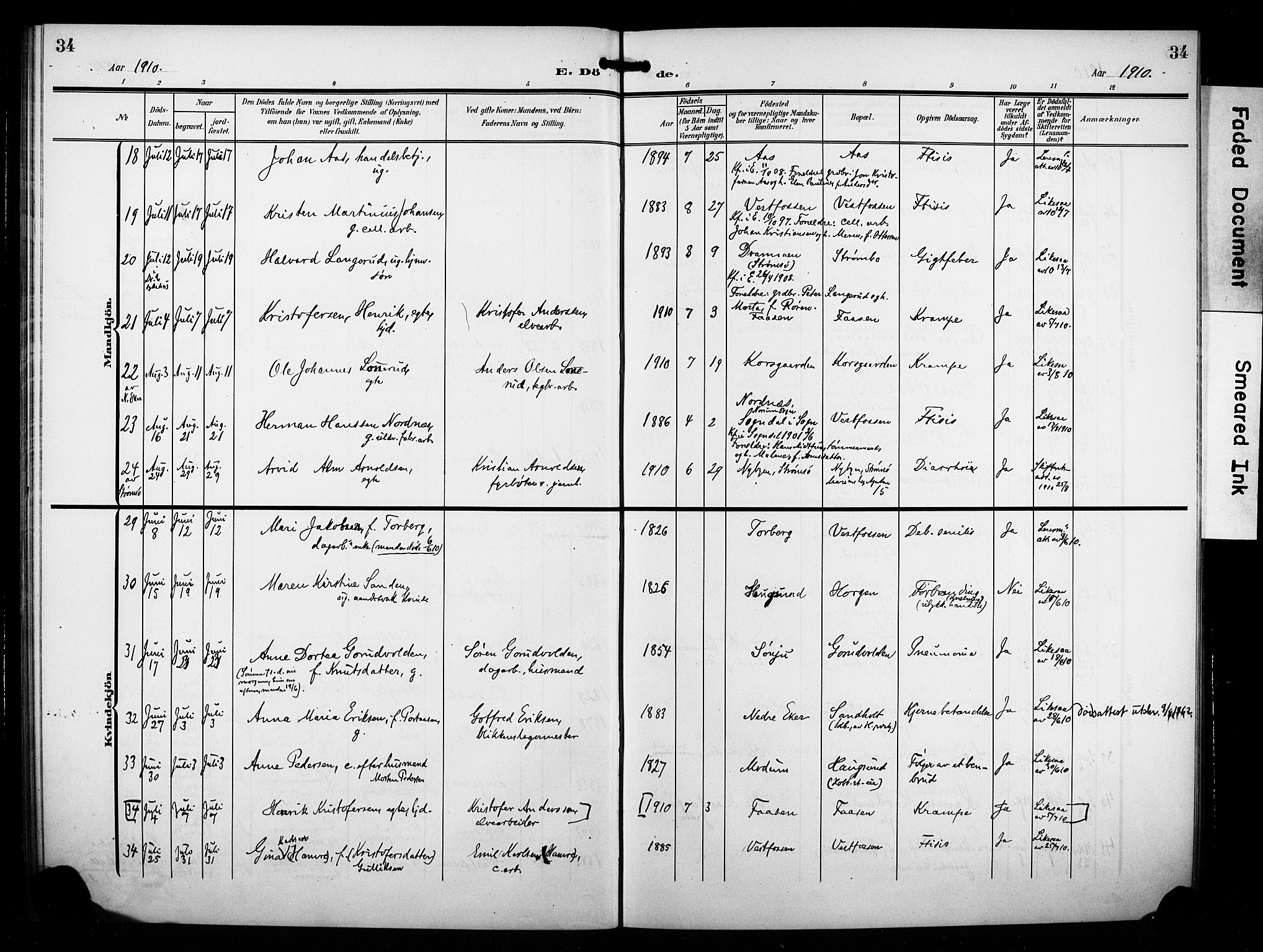 Eiker kirkebøker, AV/SAKO-A-4/F/Fb/L0004: Parish register (official) no. II 4, 1905-1914, p. 34