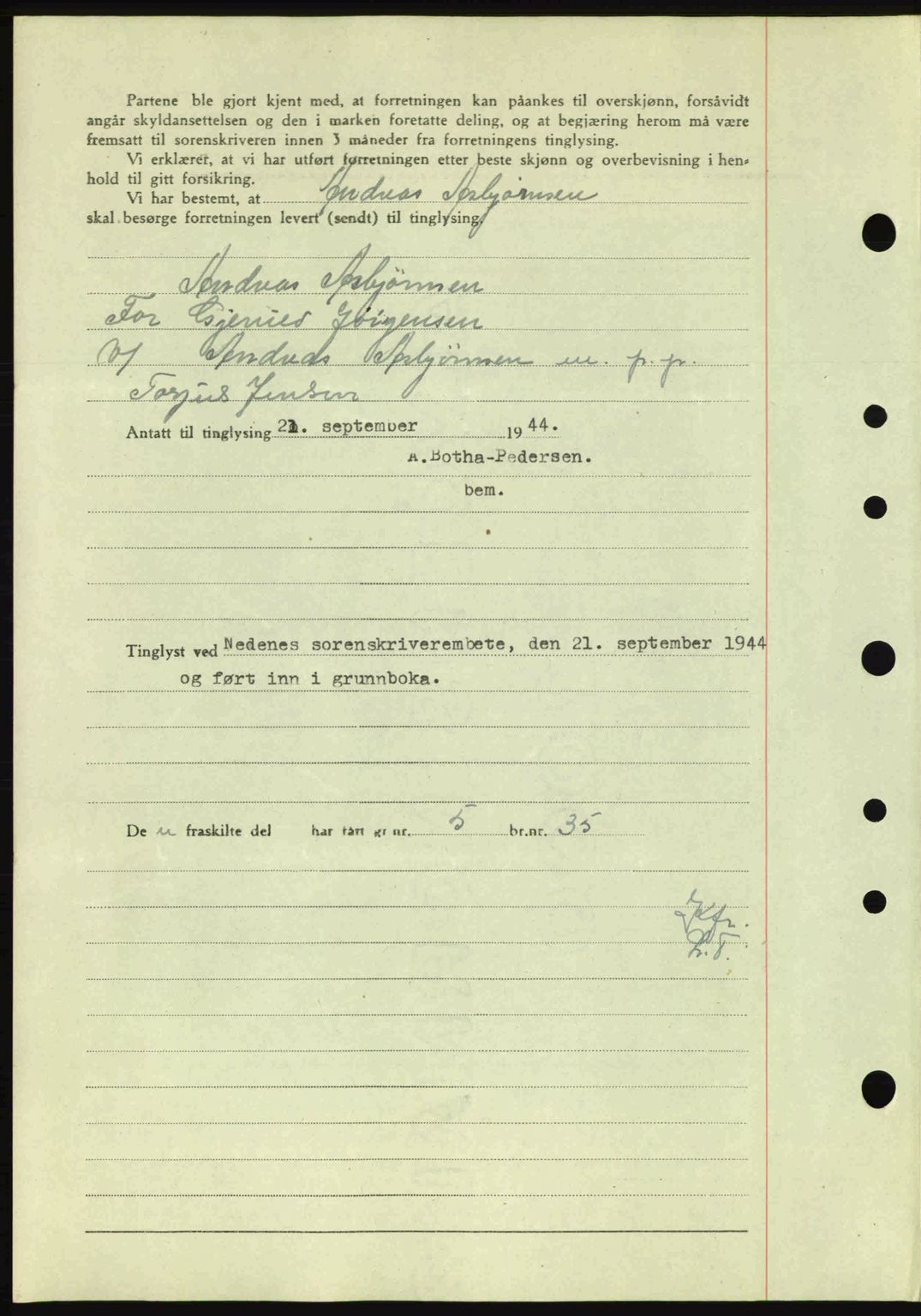 Nedenes sorenskriveri, AV/SAK-1221-0006/G/Gb/Gba/L0052: Mortgage book no. A6a, 1944-1945, Diary no: : 838/1944