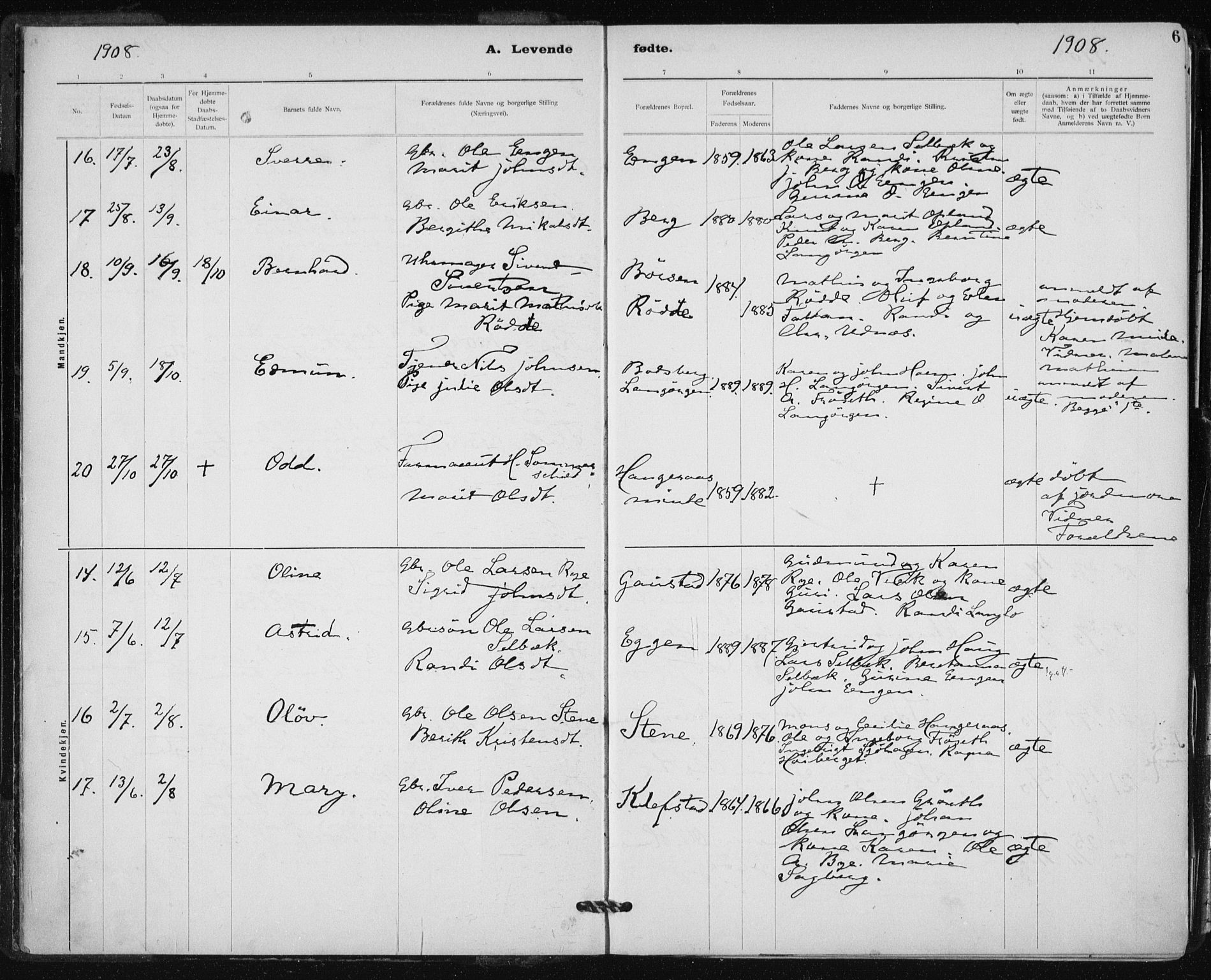 Ministerialprotokoller, klokkerbøker og fødselsregistre - Sør-Trøndelag, AV/SAT-A-1456/612/L0381: Parish register (official) no. 612A13, 1907-1923, p. 6