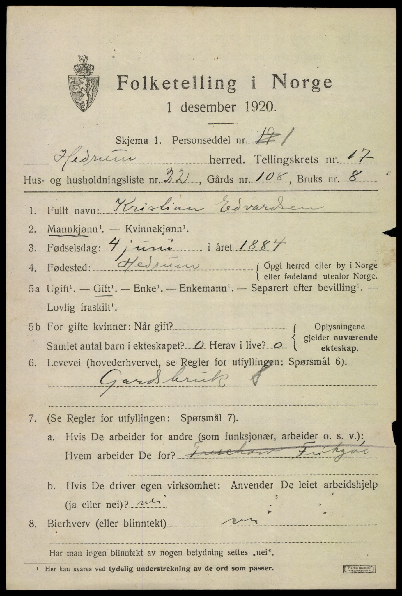 SAKO, 1920 census for Hedrum, 1920, p. 10785