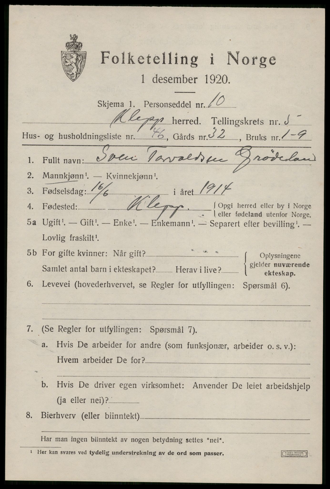 SAST, 1920 census for Klepp, 1920, p. 5926