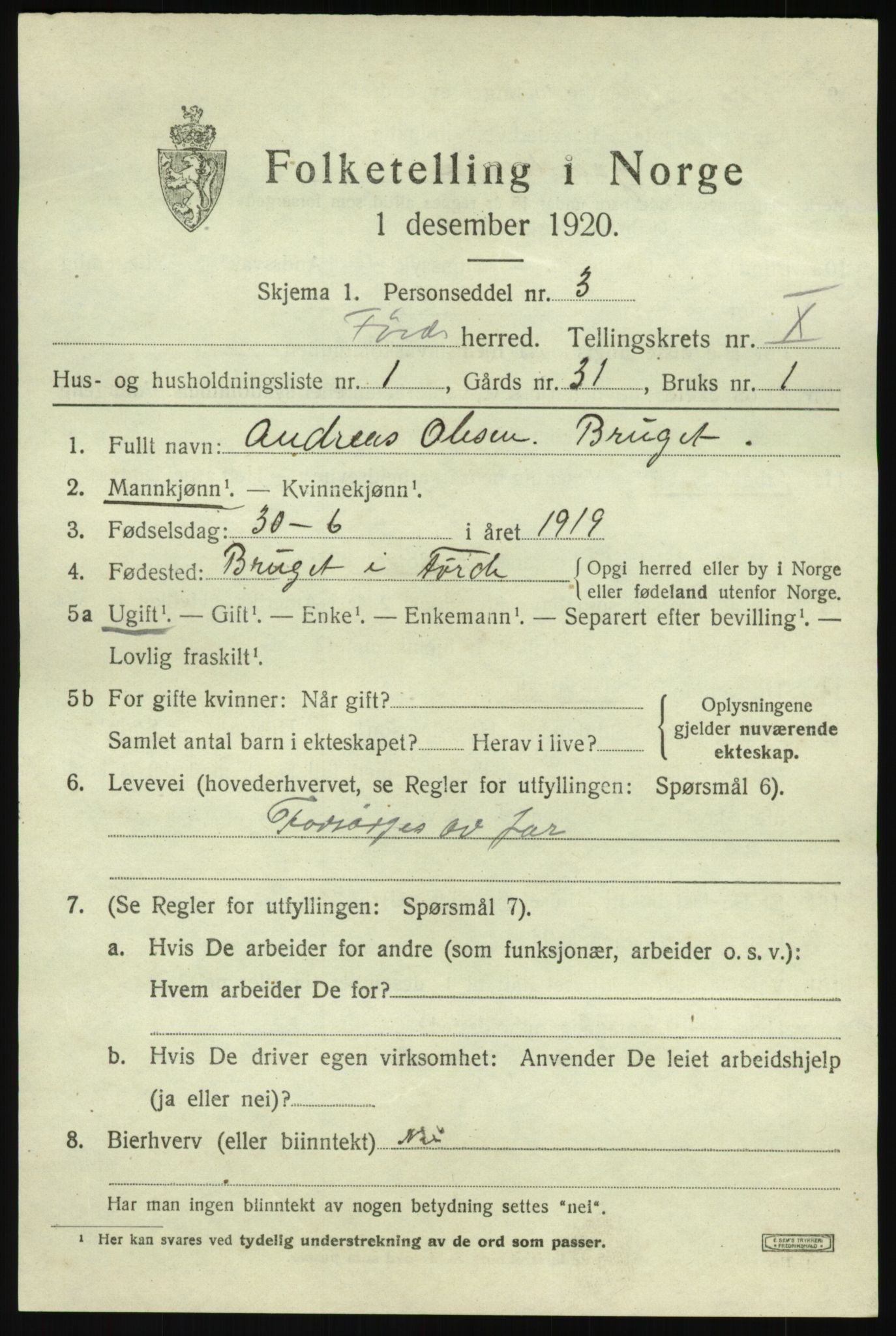 SAB, 1920 census for Førde, 1920, p. 3650