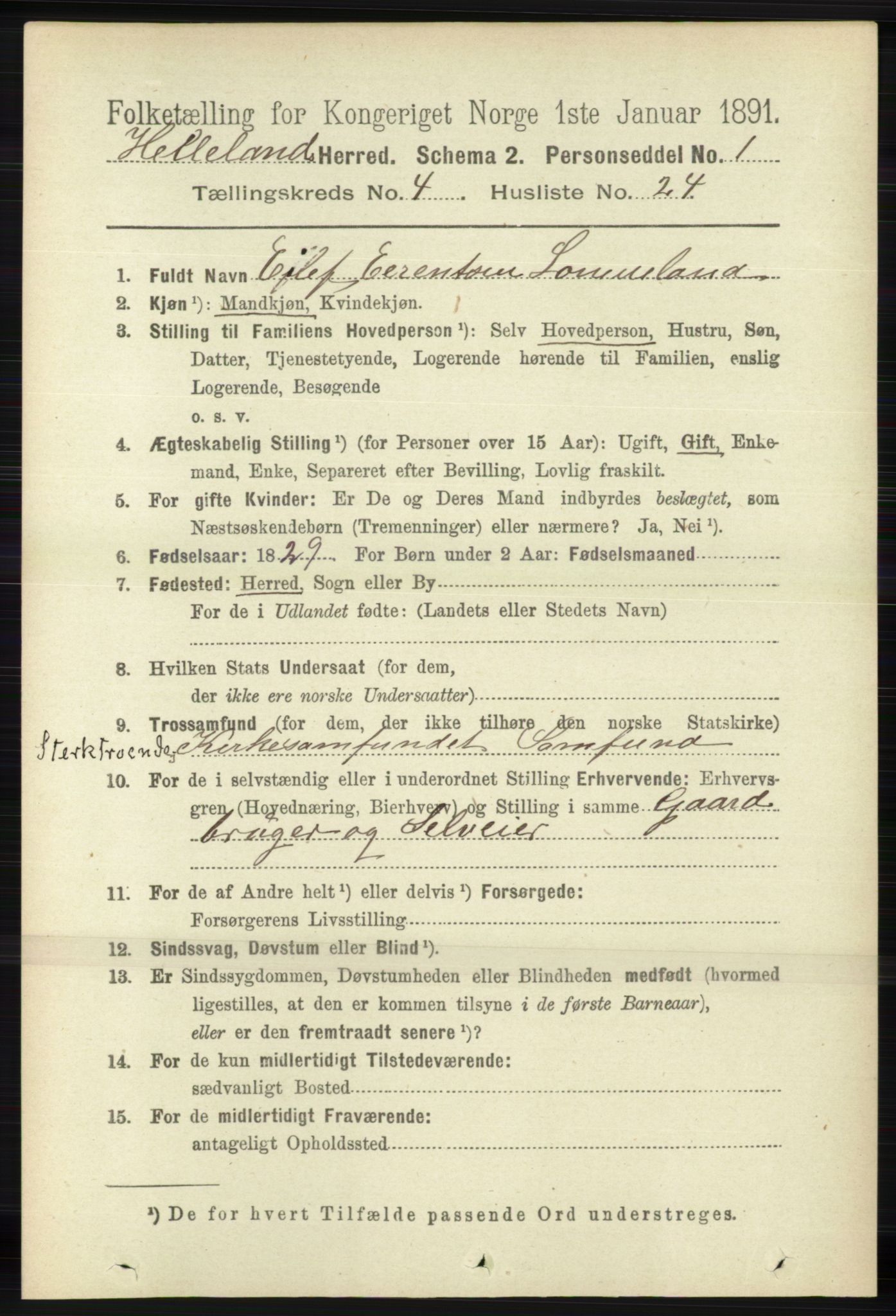 RA, 1891 census for 1115 Helleland, 1891, p. 1307