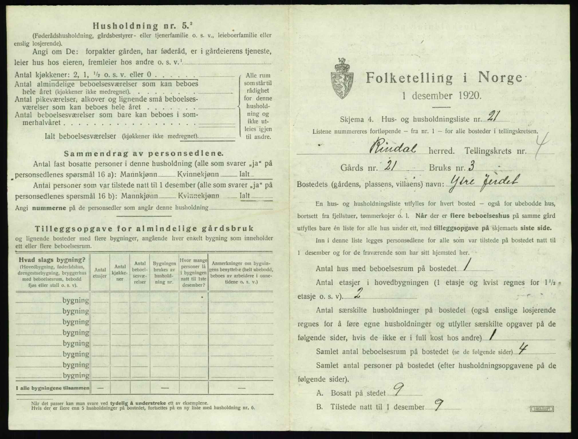 SAT, 1920 census for Rindal, 1920, p. 330