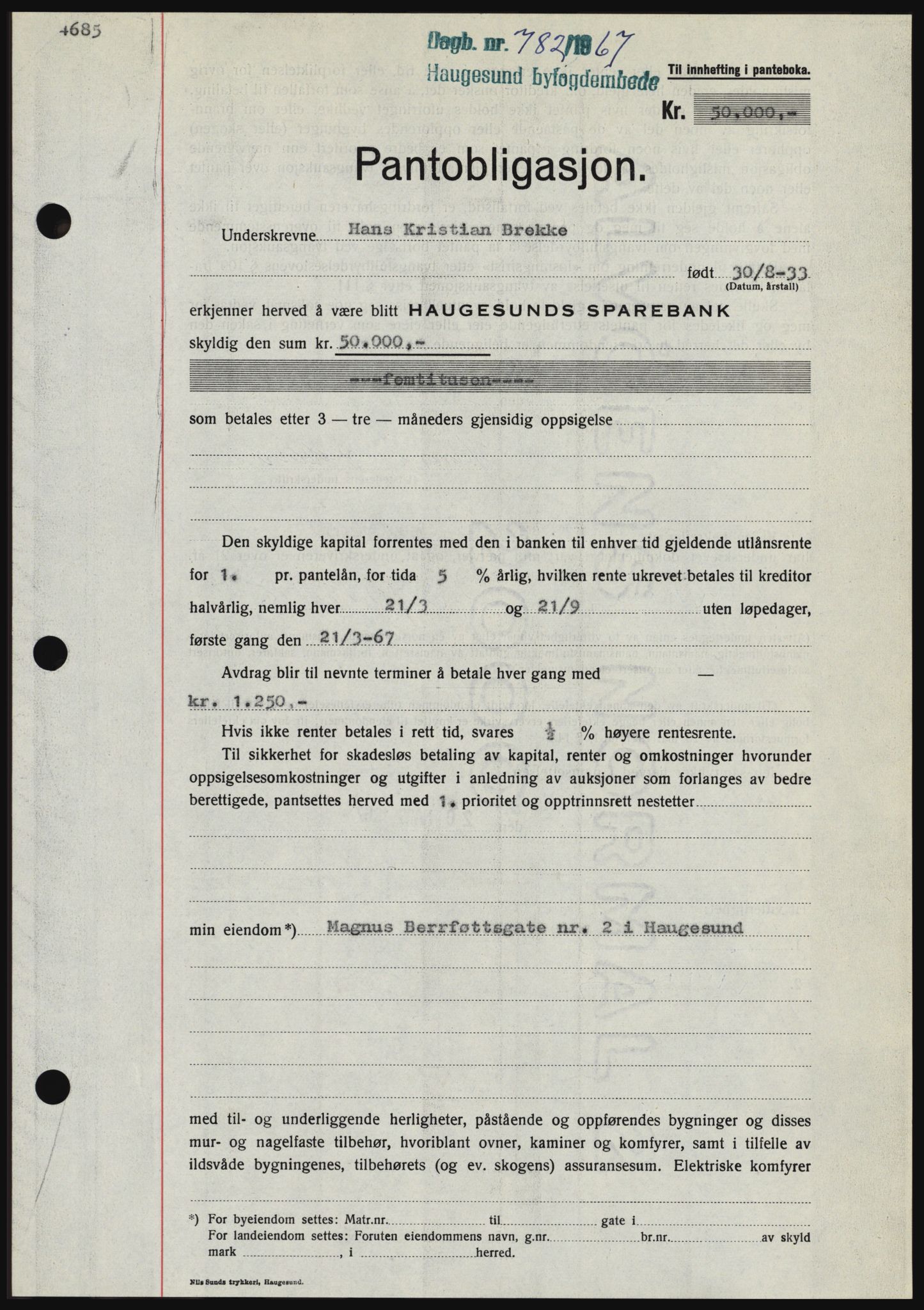 Haugesund tingrett, SAST/A-101415/01/II/IIC/L0056: Mortgage book no. B 56, 1966-1967, Diary no: : 782/1967