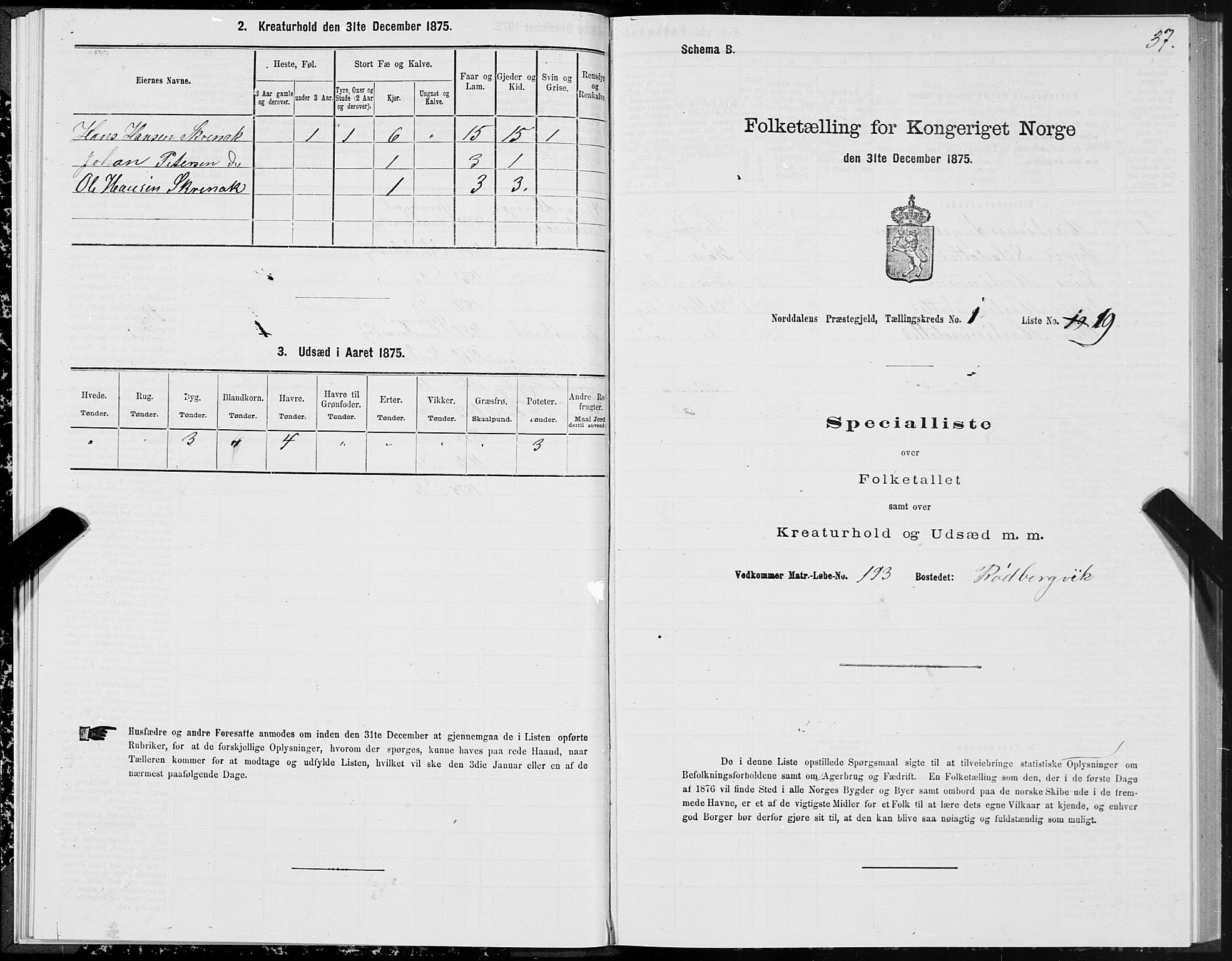 SAT, 1875 census for 1524P Norddal, 1875, p. 1037