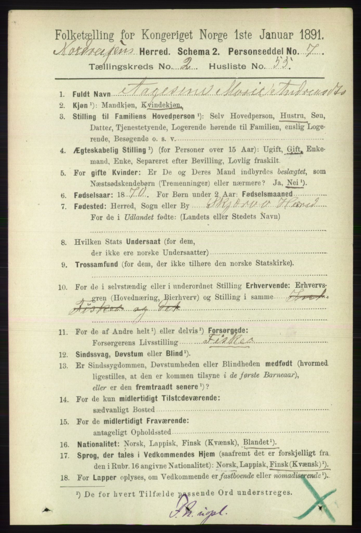 RA, 1891 census for 1942 Nordreisa, 1891, p. 1188