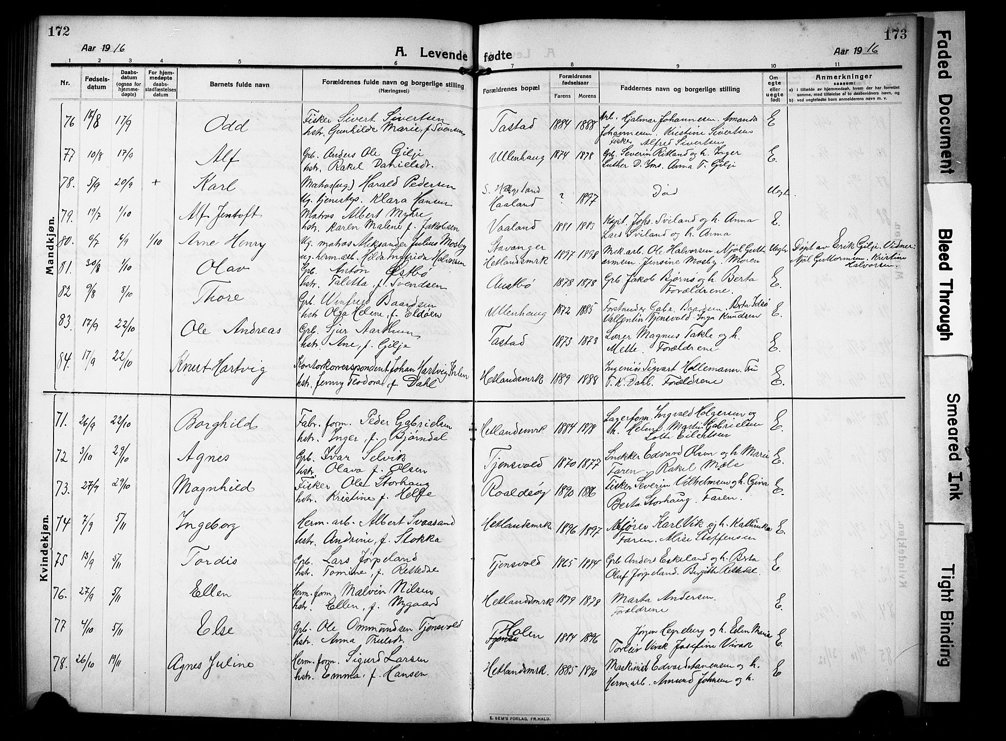 Hetland sokneprestkontor, AV/SAST-A-101826/30/30BB/L0008: Parish register (copy) no. B 8, 1910-1921, p. 172-173