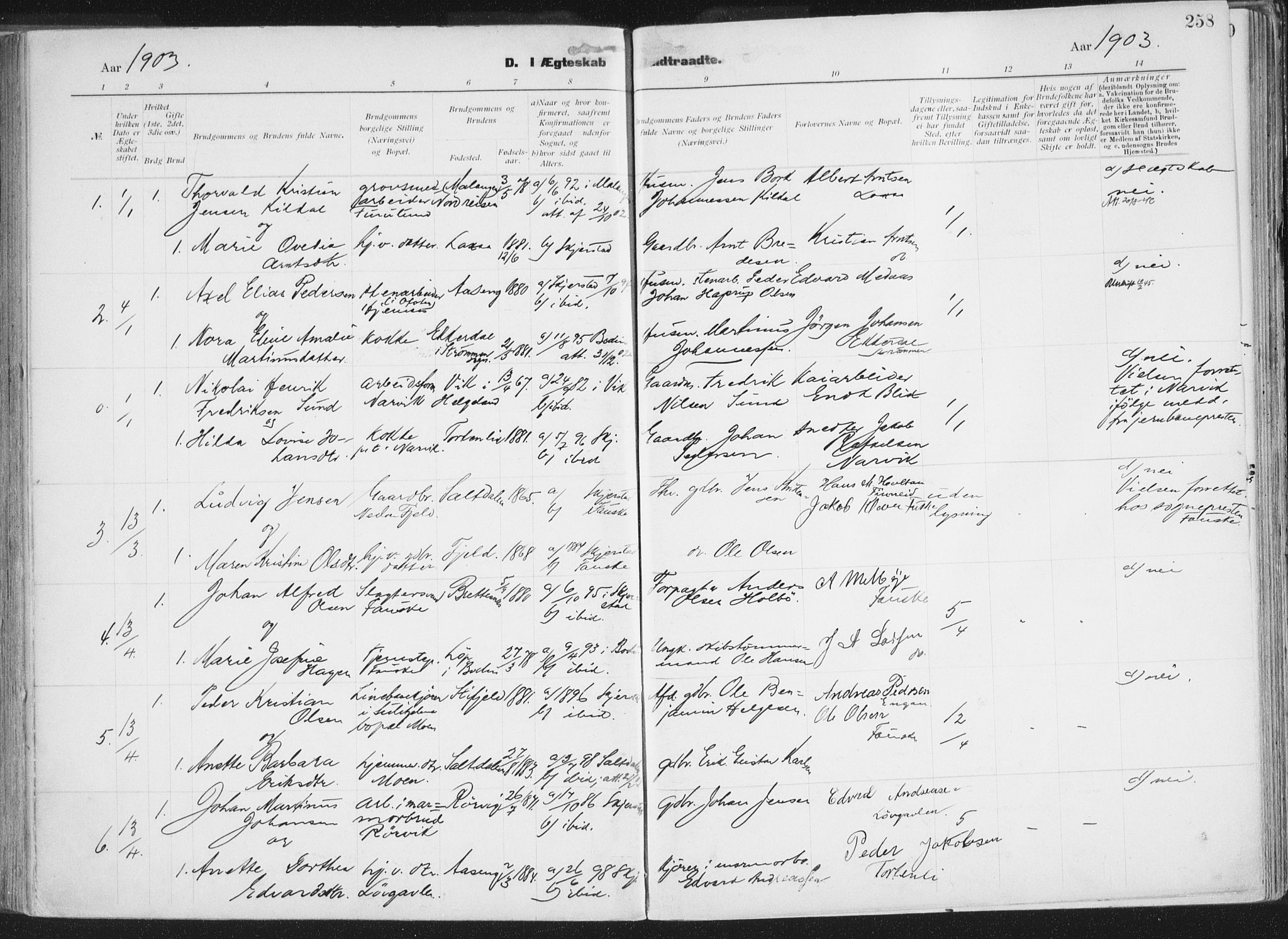 Ministerialprotokoller, klokkerbøker og fødselsregistre - Nordland, SAT/A-1459/849/L0696: Parish register (official) no. 849A08, 1898-1910, p. 258