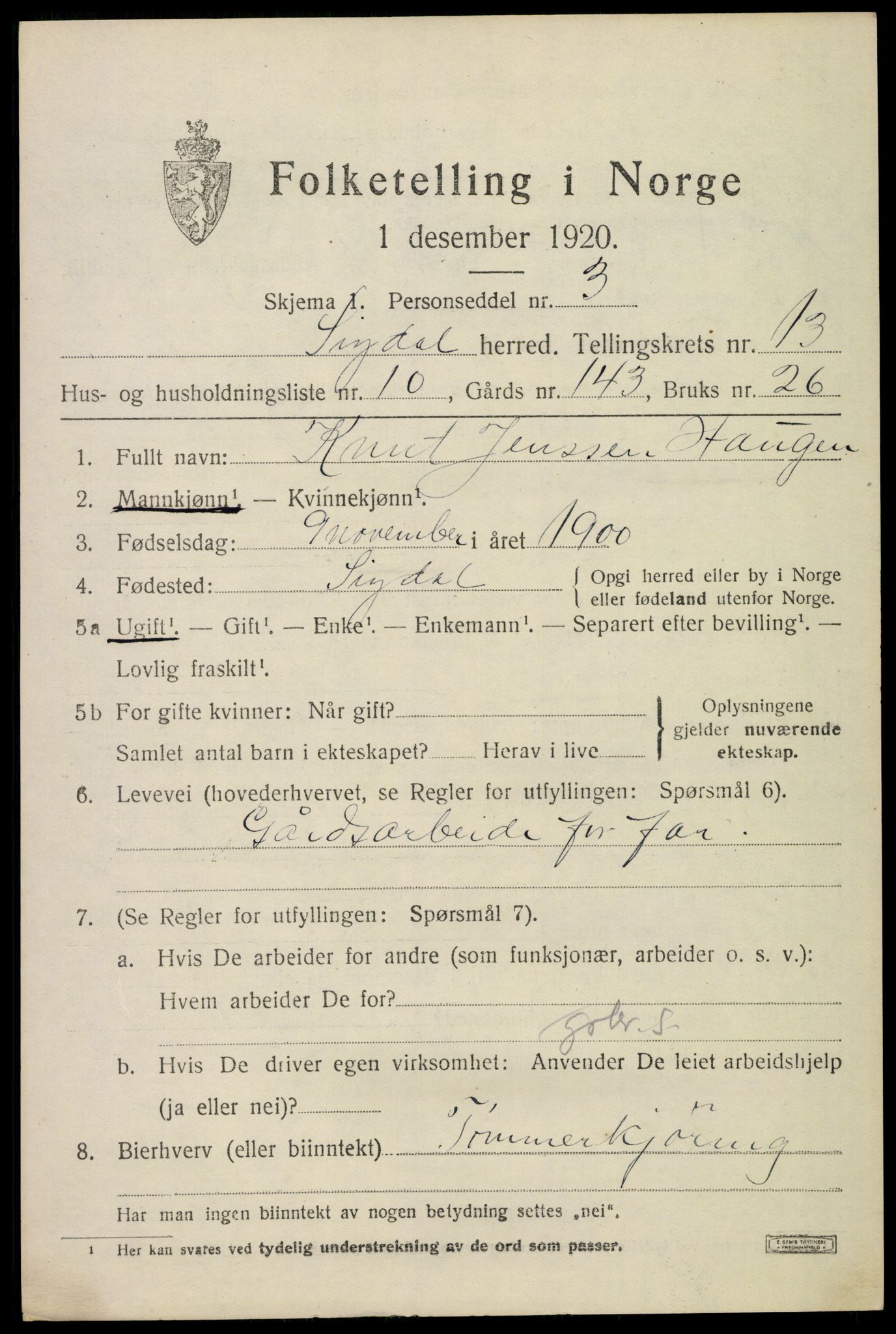 SAKO, 1920 census for Sigdal, 1920, p. 8172