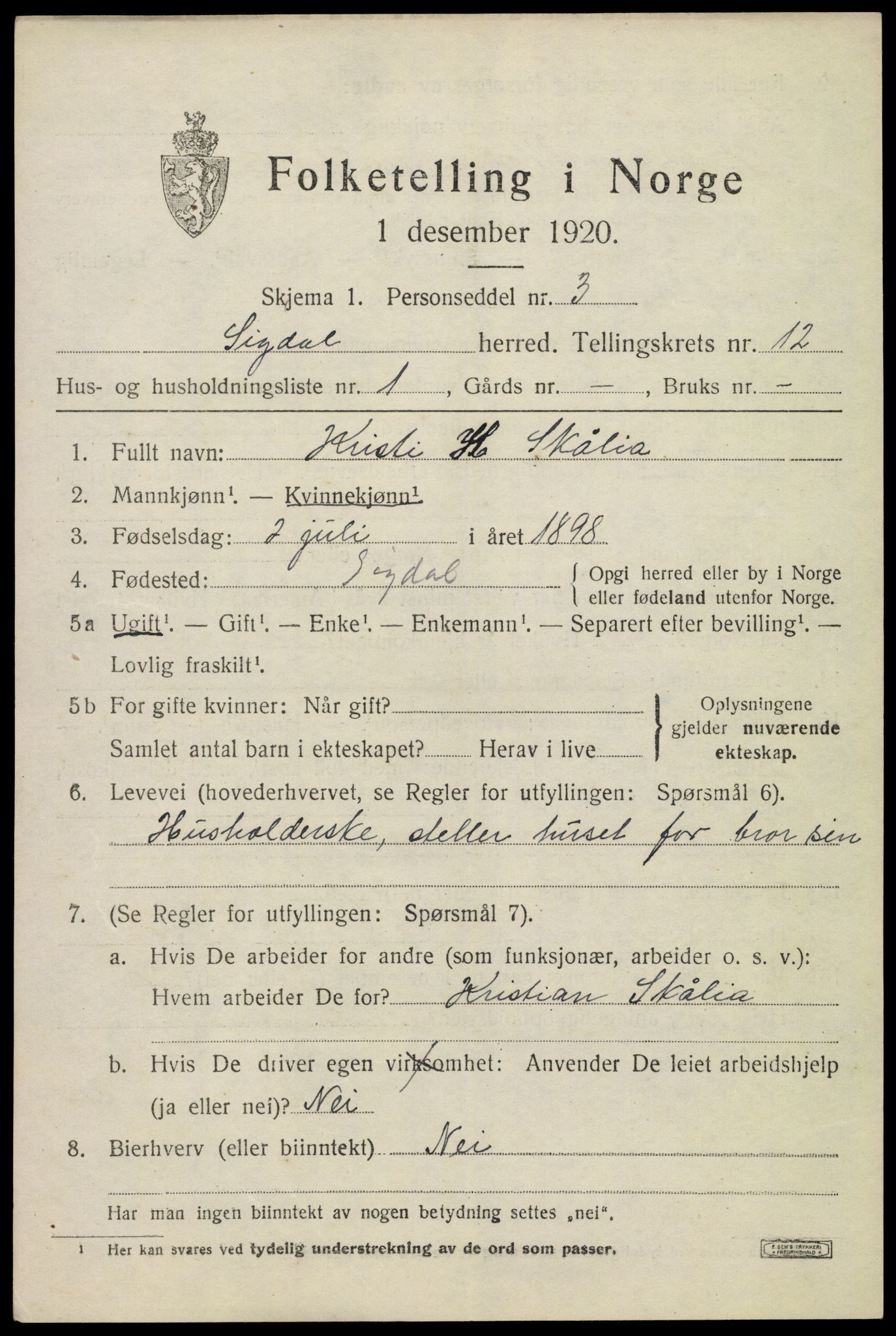 SAKO, 1920 census for Sigdal, 1920, p. 7642