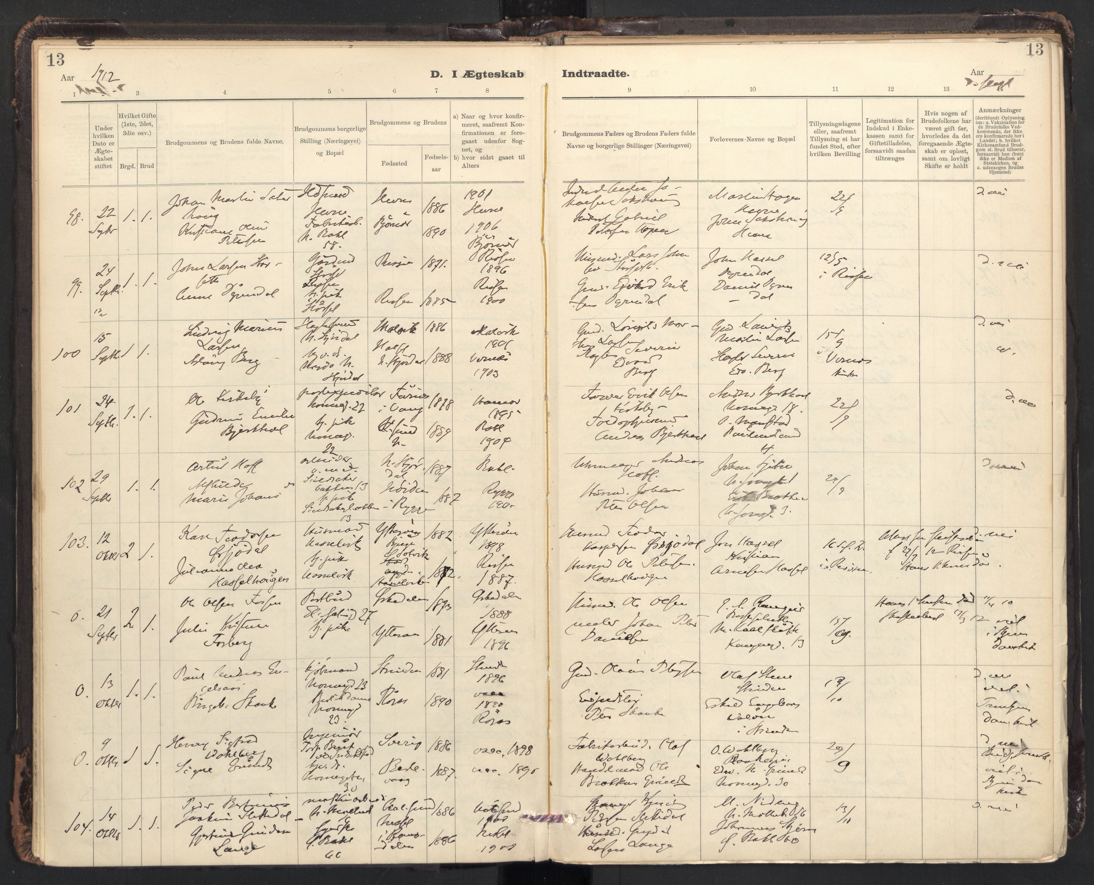 Ministerialprotokoller, klokkerbøker og fødselsregistre - Sør-Trøndelag, SAT/A-1456/604/L0204: Parish register (official) no. 604A24, 1911-1920, p. 13