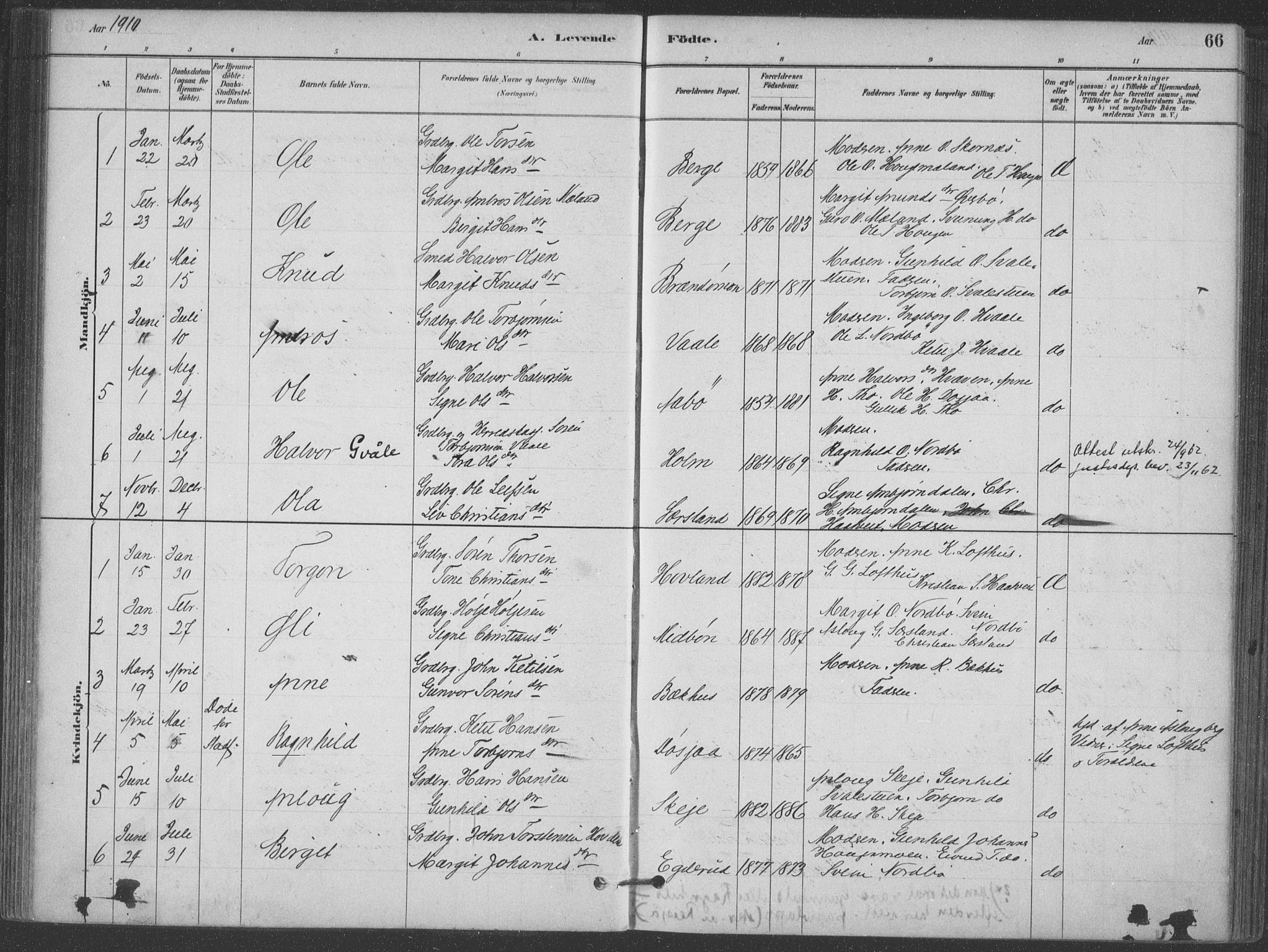 Hjartdal kirkebøker, SAKO/A-270/F/Fa/L0010: Parish register (official) no. I 10, 1880-1929, p. 66