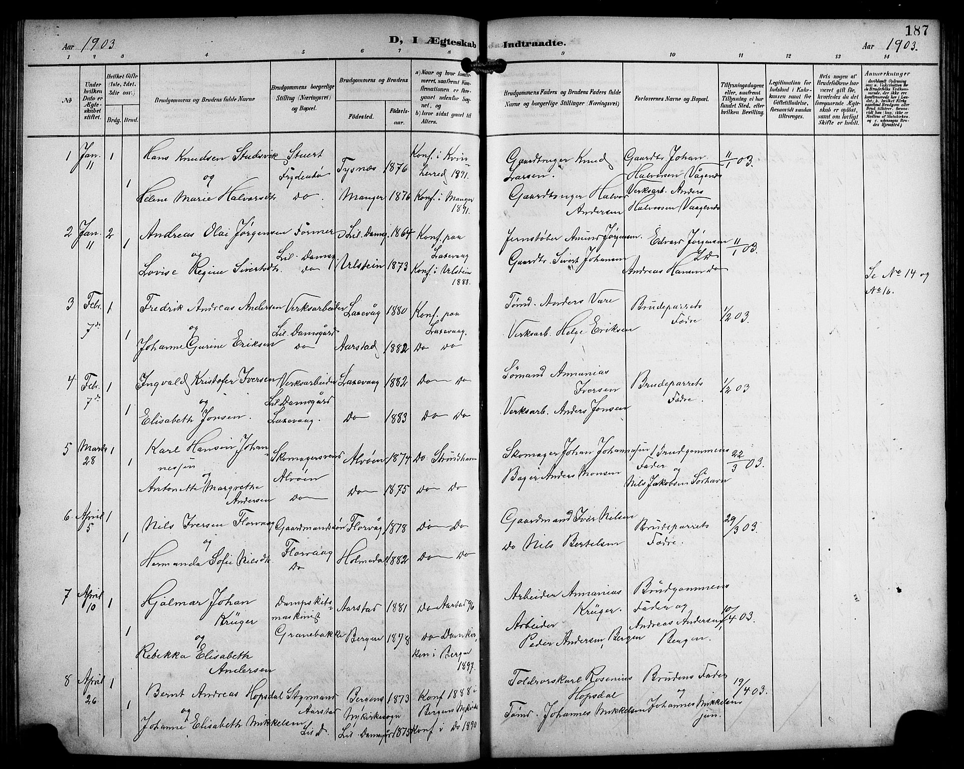 Laksevåg Sokneprestembete, SAB/A-76501/H/Ha/Hab/Haba/L0004: Parish register (copy) no. A 4, 1899-1909, p. 187