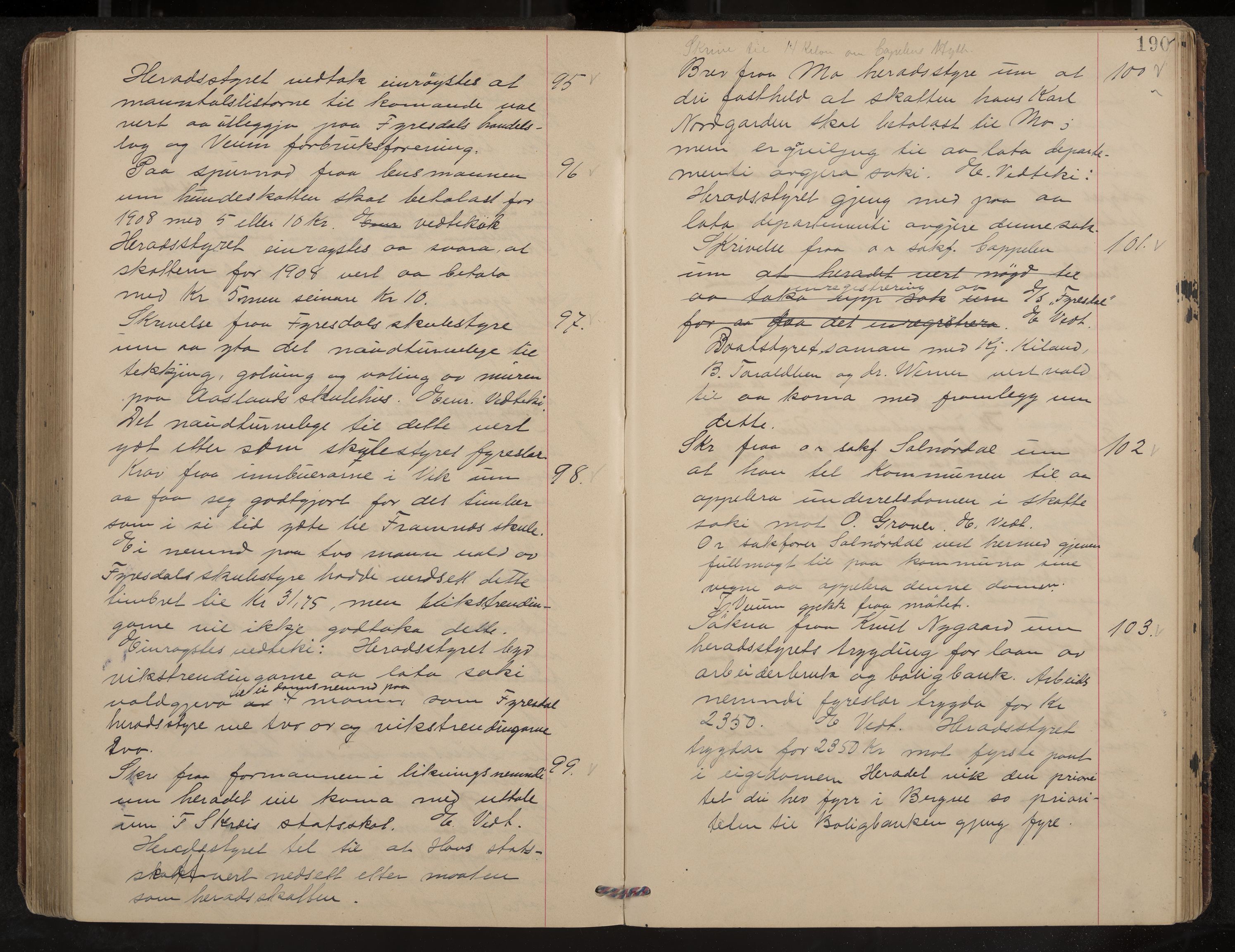 Fyresdal formannskap og sentraladministrasjon, IKAK/0831021-1/Aa/L0004: Møtebok, 1903-1911, p. 190