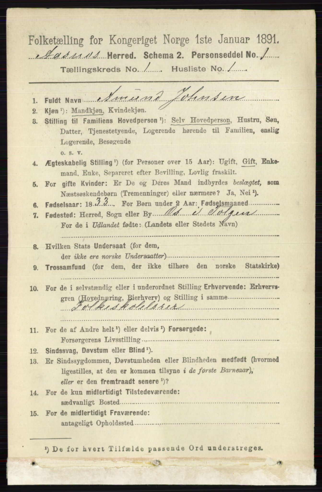 RA, 1891 census for 0425 Åsnes, 1891, p. 114