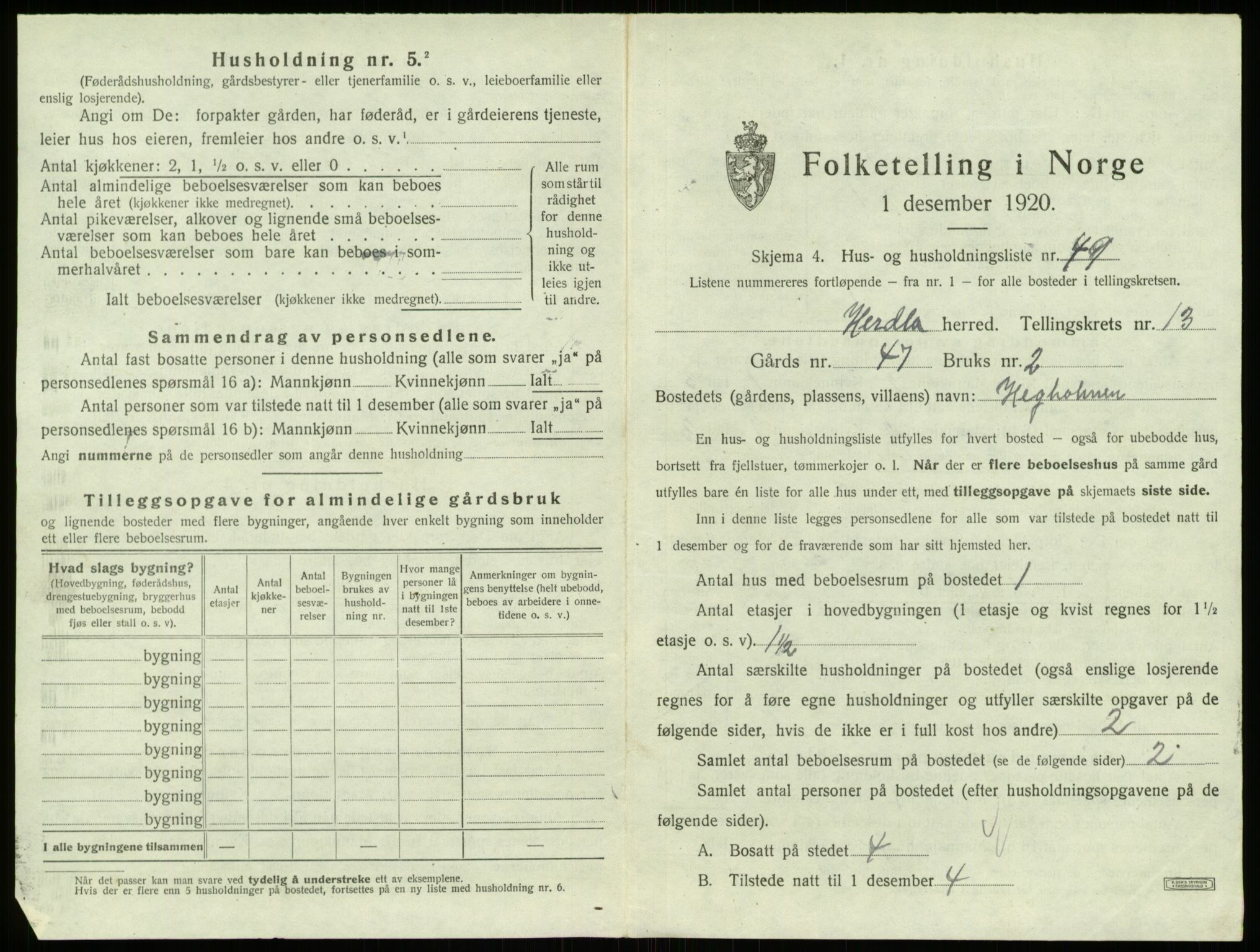 SAB, 1920 census for Herdla, 1920, p. 1276