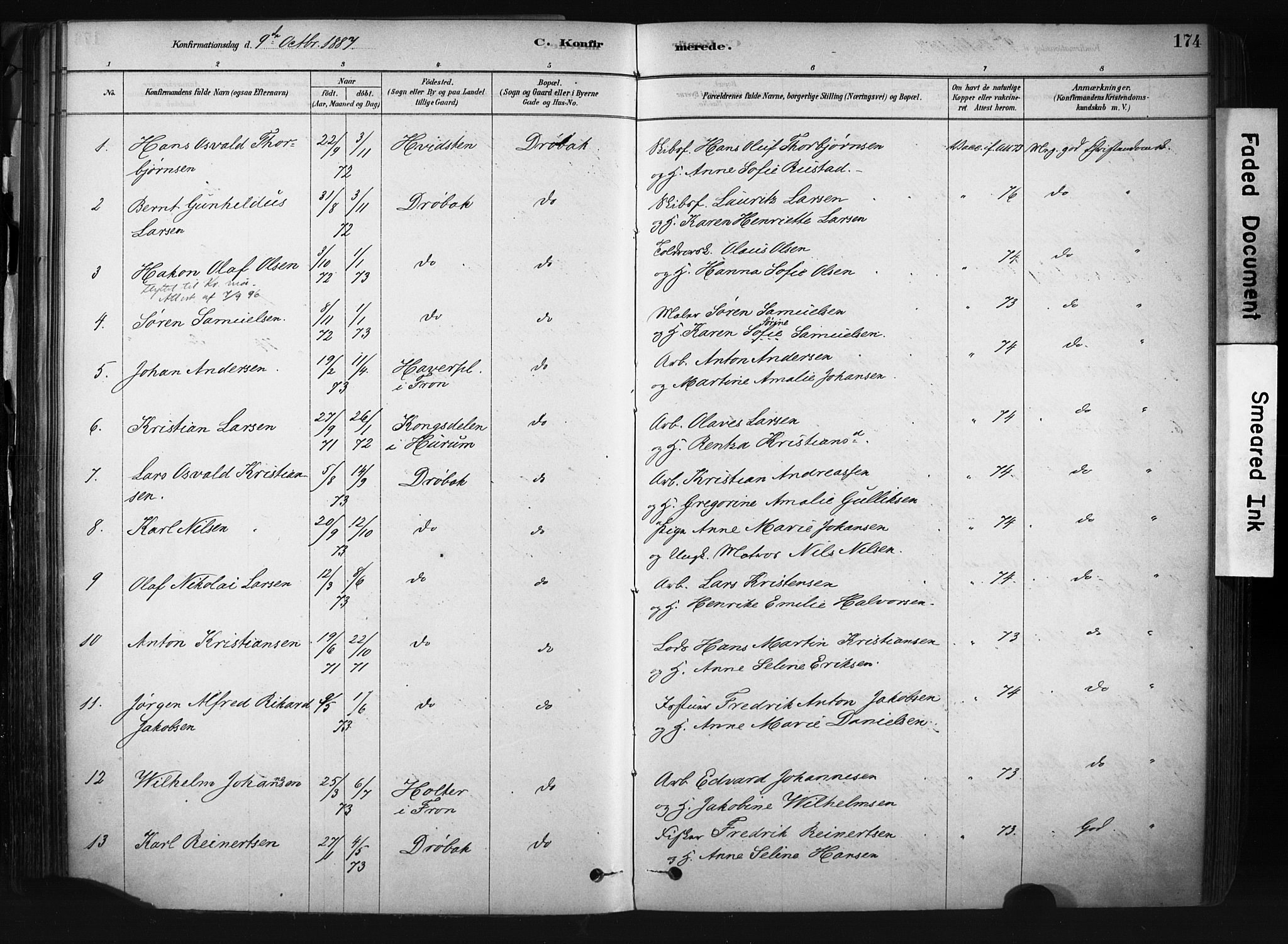 Drøbak prestekontor Kirkebøker, AV/SAO-A-10142a/F/Fb/L0001: Parish register (official) no. II 1, 1878-1891, p. 174