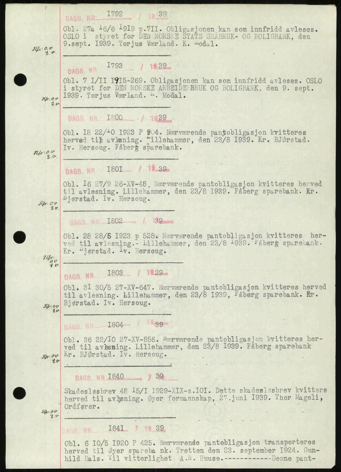 Sør-Gudbrandsdal tingrett, SAH/TING-004/H/Hb/Hbf/L0002: Mortgage book no. C1, 1938-1951, Diary no: : 1792/1939
