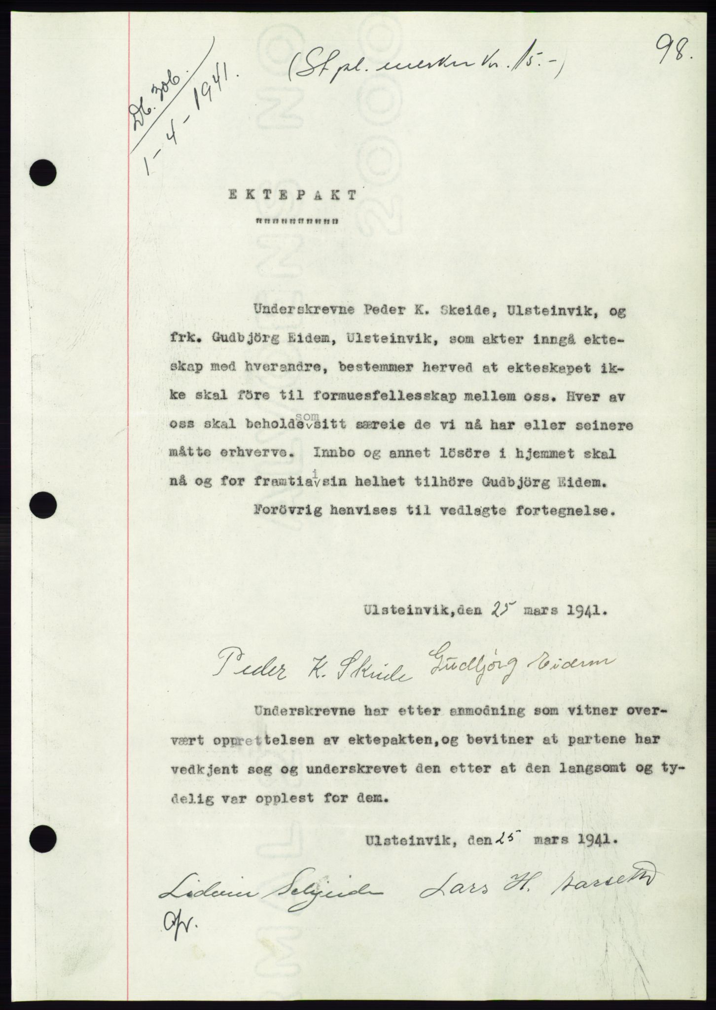 Søre Sunnmøre sorenskriveri, AV/SAT-A-4122/1/2/2C/L0071: Mortgage book no. 65, 1941-1941, Diary no: : 306/1941