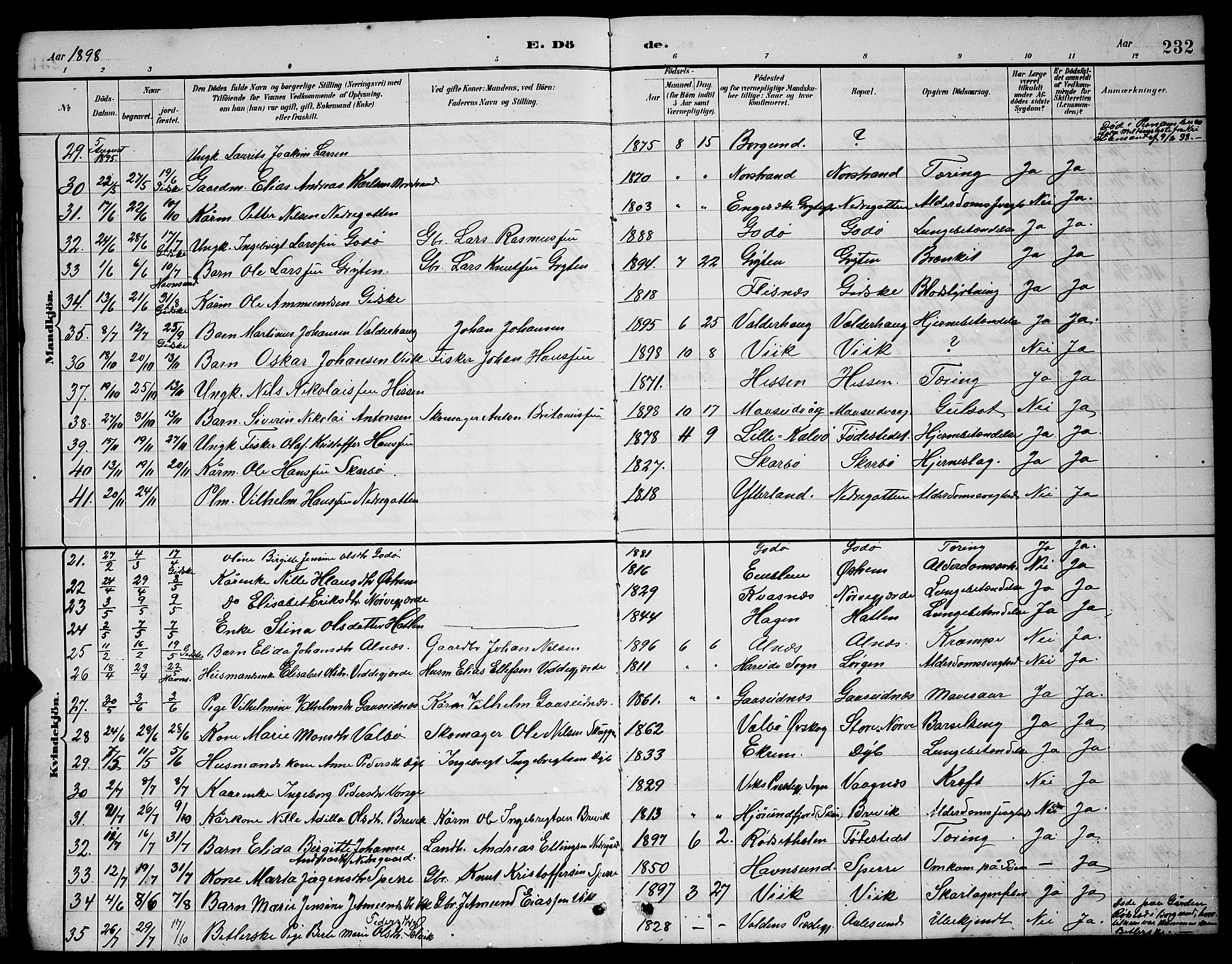 Ministerialprotokoller, klokkerbøker og fødselsregistre - Møre og Romsdal, SAT/A-1454/528/L0430: Parish register (copy) no. 528C11, 1884-1899, p. 232