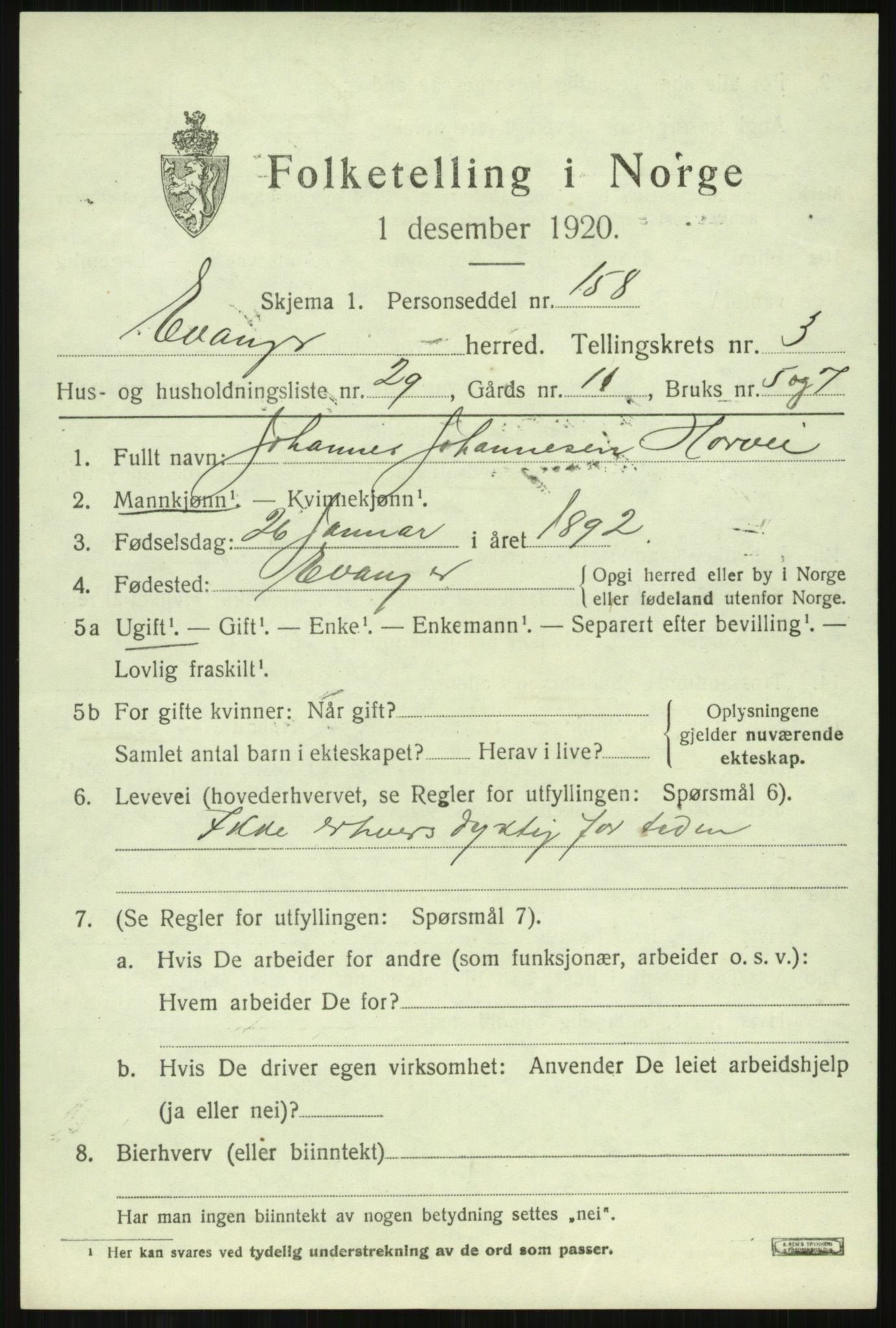 SAB, 1920 census for Evanger, 1920, p. 1349