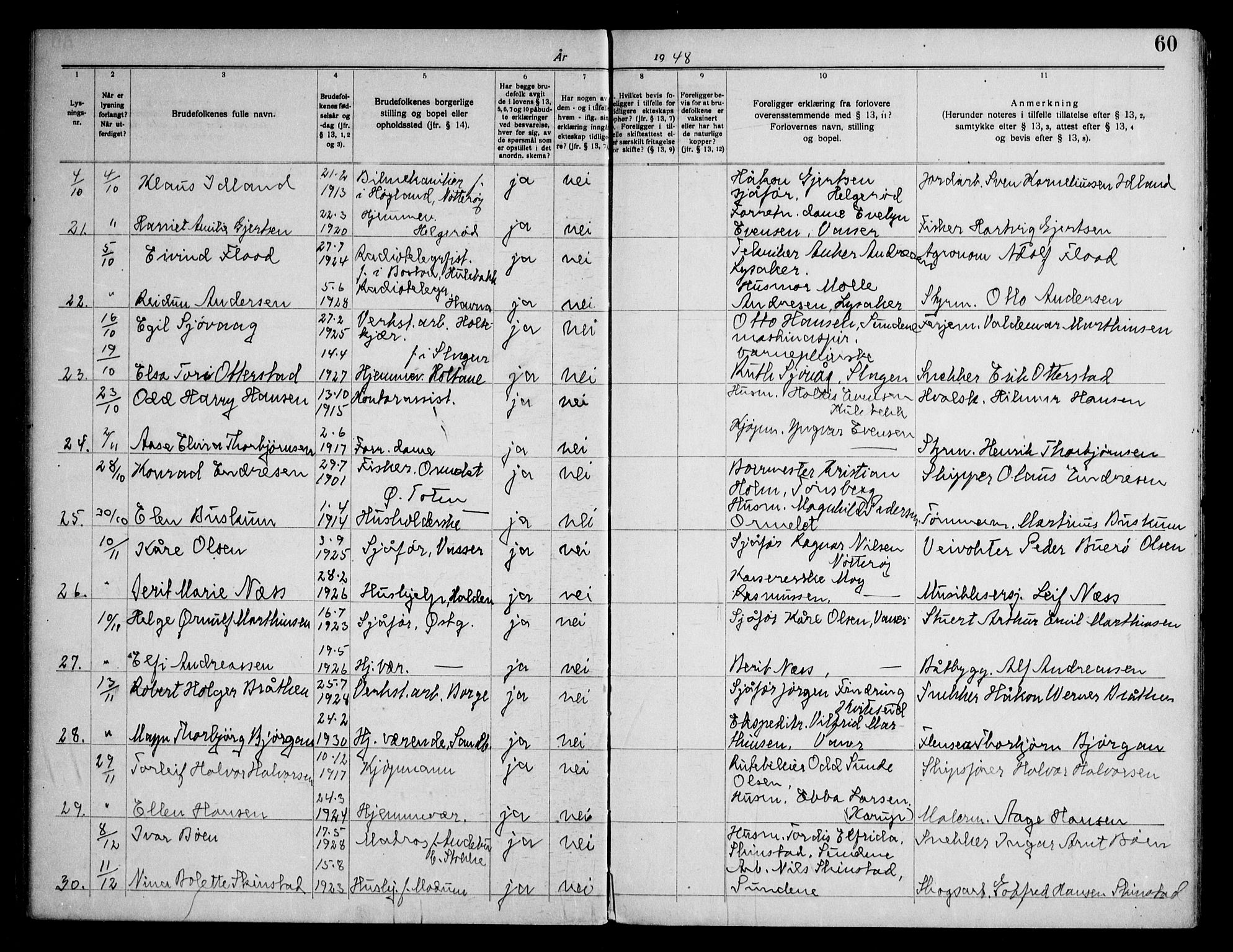 Tjøme kirkebøker, AV/SAKO-A-328/H/Ha/L0002: Banns register no. I 2, 1919-1962, p. 60