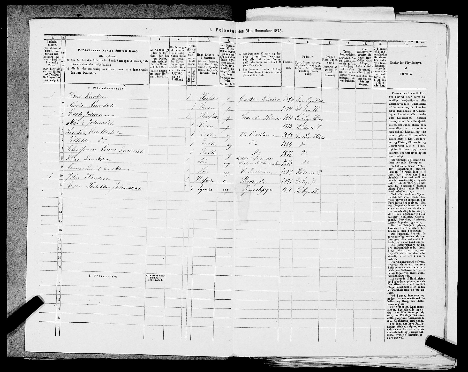 SAST, 1875 census for 1124P Håland, 1875, p. 520