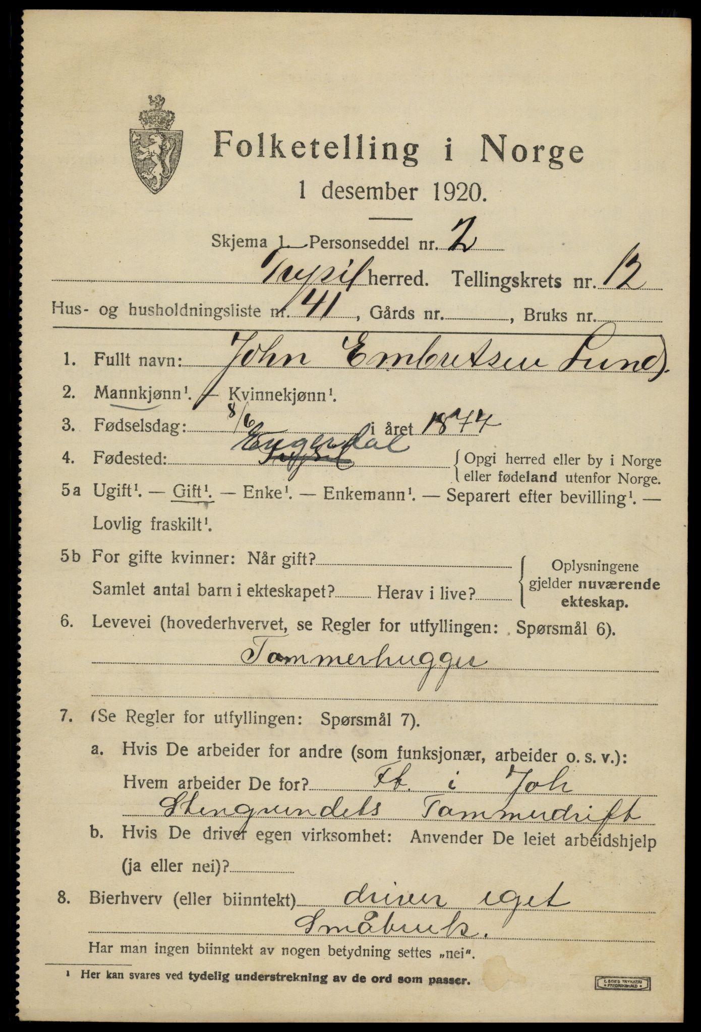 SAH, 1920 census for Trysil, 1920, p. 7629