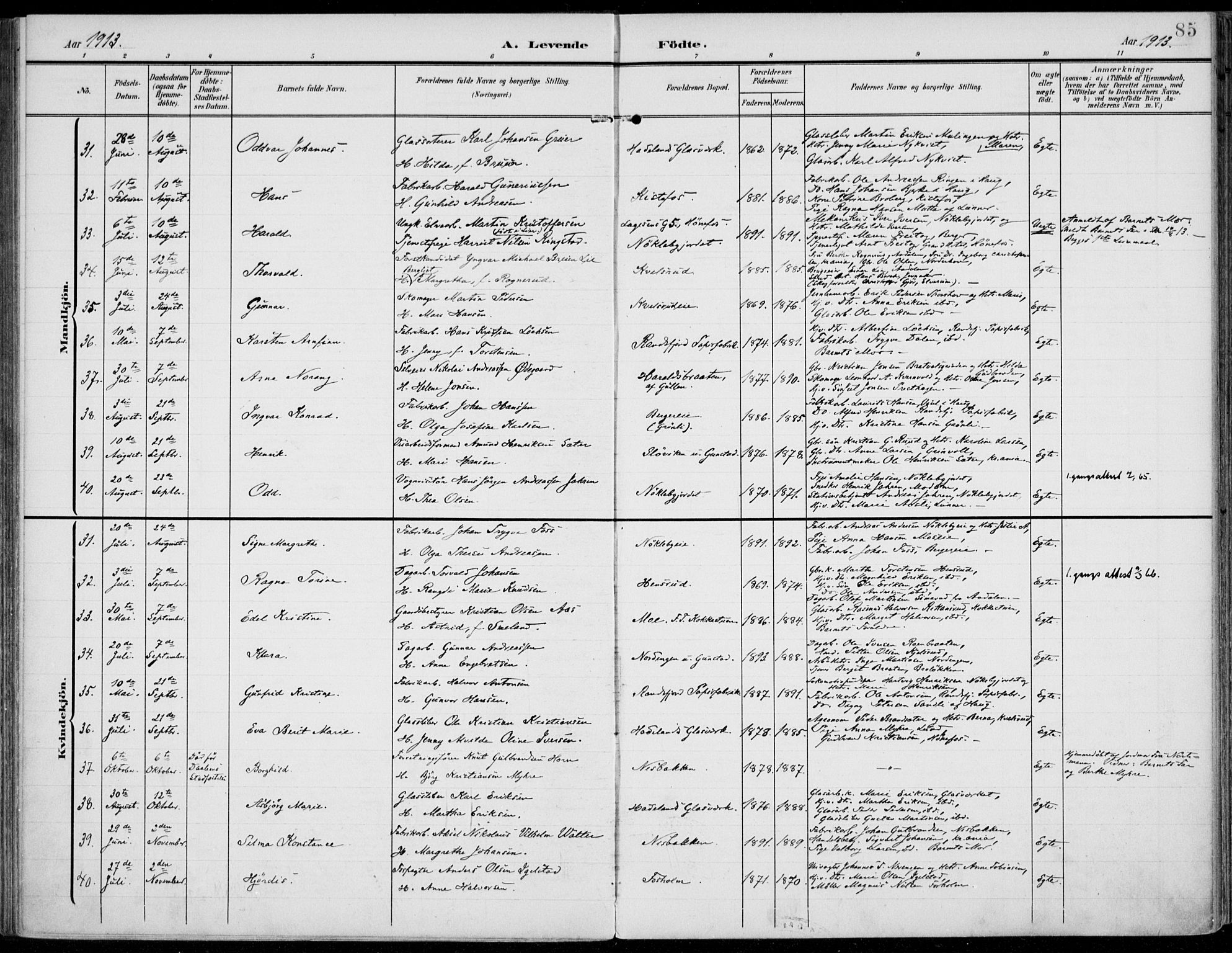 Jevnaker prestekontor, AV/SAH-PREST-116/H/Ha/Haa/L0011: Parish register (official) no. 11, 1902-1913, p. 85