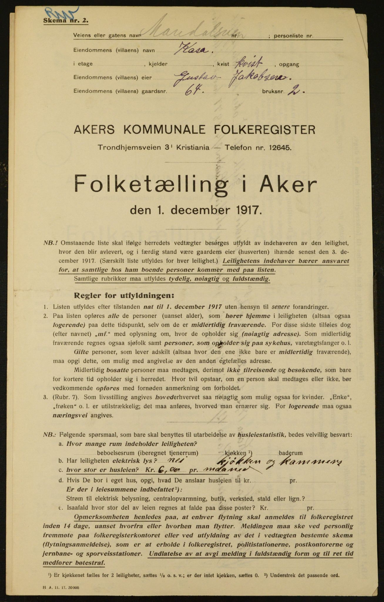 OBA, Municipal Census 1917 for Aker, 1917, p. 11673